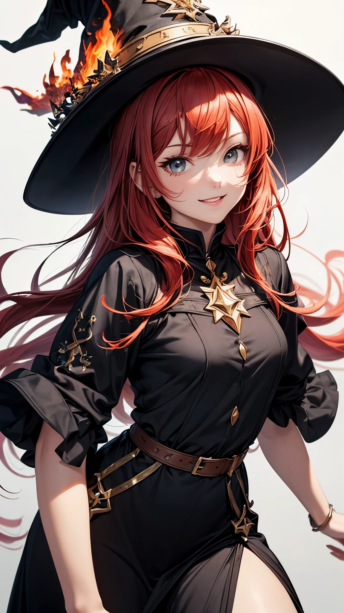 (Masterpiece, best quality), detailed, ((character art, full of details, Anime Babe, Wallpaper, Game Illustration, Animagine XL Babe, Fan Art, Animated)), (1woman, female, black long dress, witch hat, cloth dress), (ruddy skin color) , (detailed eyes), detailed face, ((happy face expressions smiling)), athletic physical form, ((red color hair, long style haircut)), ((cast fire magic, mage of fire)), (simple background, white background: 1.3)