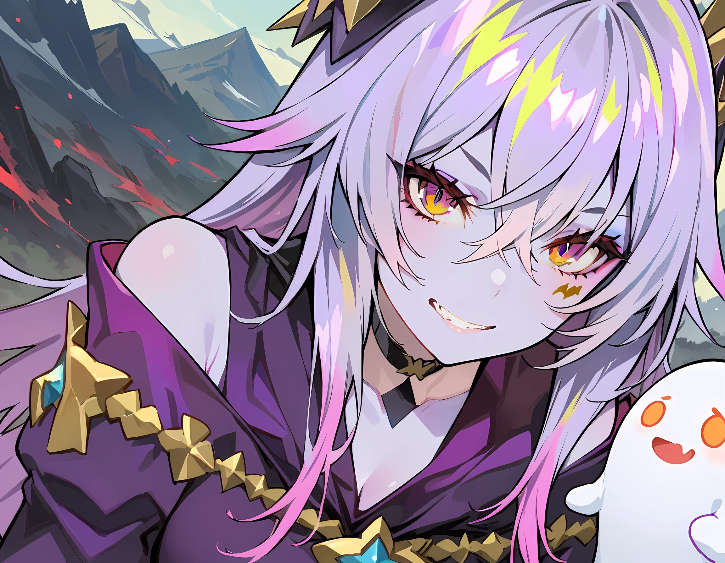 ghost, (monster girl), purple skin, peak, spiky purple hair,Wearing a dark purple dress,masterpiece, best quality