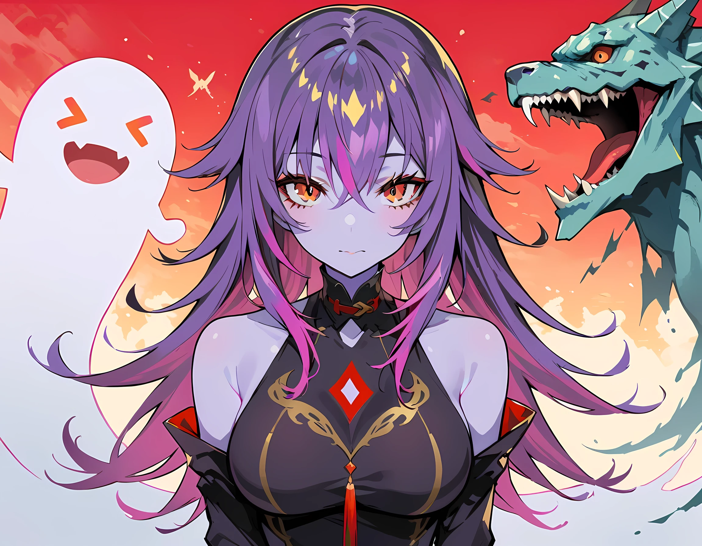 ghost, (monster girl), purple skin, peak, spiky purple hair,Wearing a dark purple dress,masterpiece, best quality