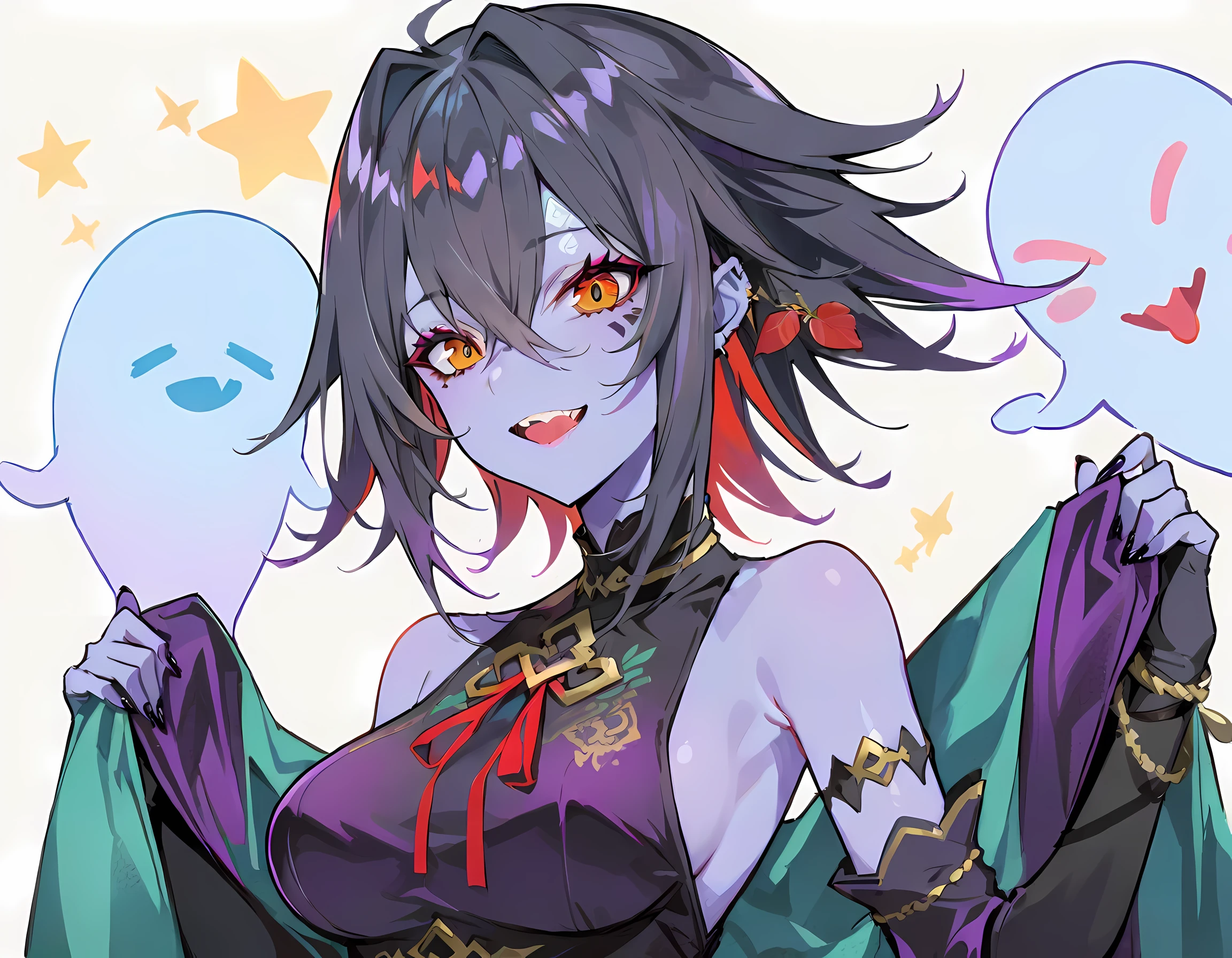 ghost, (monster girl), purple skin, peak, spiky purple hair,Wearing a dark purple dress,masterpiece, best quality