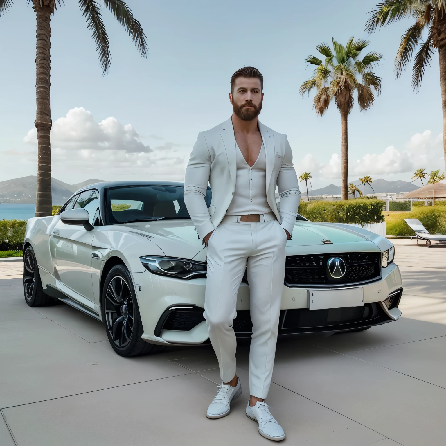 Describe a man of approximately 30 years old, with an athletic physique, short hair and a well-groomed beard. He has piercing green eyes and a confident expression. He's wearing a white suit that highlights his muscles, and shoes. He is standing next to a luxurious car, with a lush landscape in the background. elegant sun loungers and tall palm trees, adding a touch of sophistication to the environment