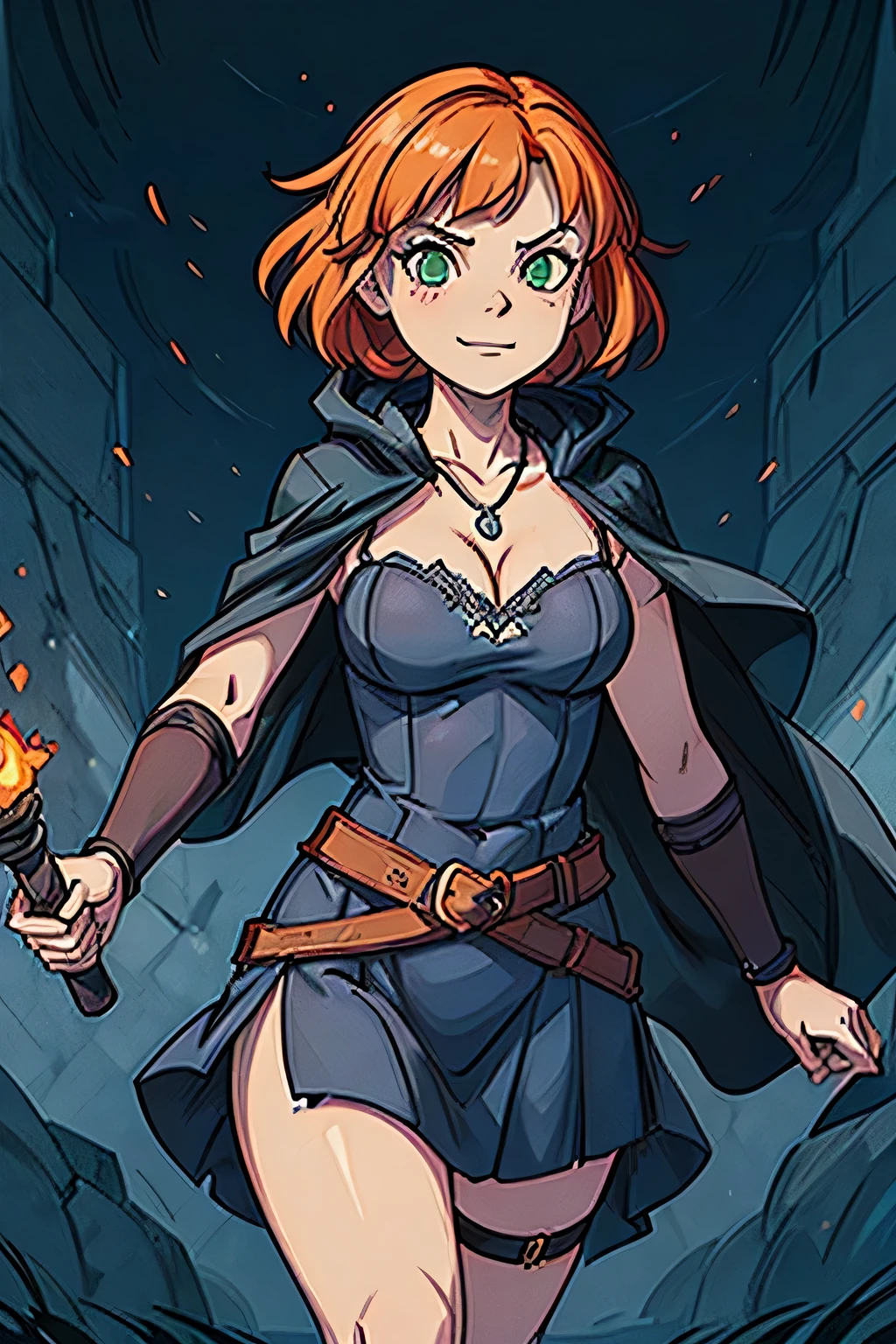 (((masterpiece))), (((best quality))), illustration, single character, game character, rpg character, female character, female necromancer, dark blue dress with golden details, leather bracers. huge cleavage. small breasts. gemmed necklace. side butt. wide hips. up turned hips. Side hips exposed. wavy short hair. orange short hair, slightly pointy ears, yellowgreen eyes, evil face, smile. attittude woman. open hooded black cloak. orange hair. aggressive posing. energy in hand. dungeon background, flat color background, anime character, 8k, awesome quality
