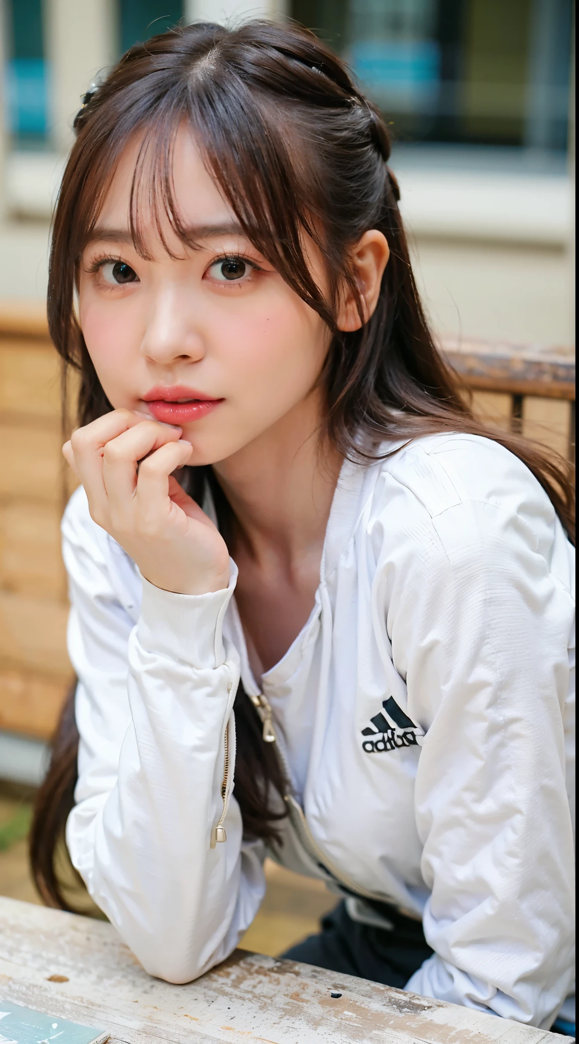 (8K、Raw photo、highest quality、masterpiece:1.3)、(realistic、Photoreal)、(very big breasts:1.2)、perfect limbs、fashionable clothes、Clothing that suits the city、(adidas tracksuits:1.3)、table up、zoom in、Upper body