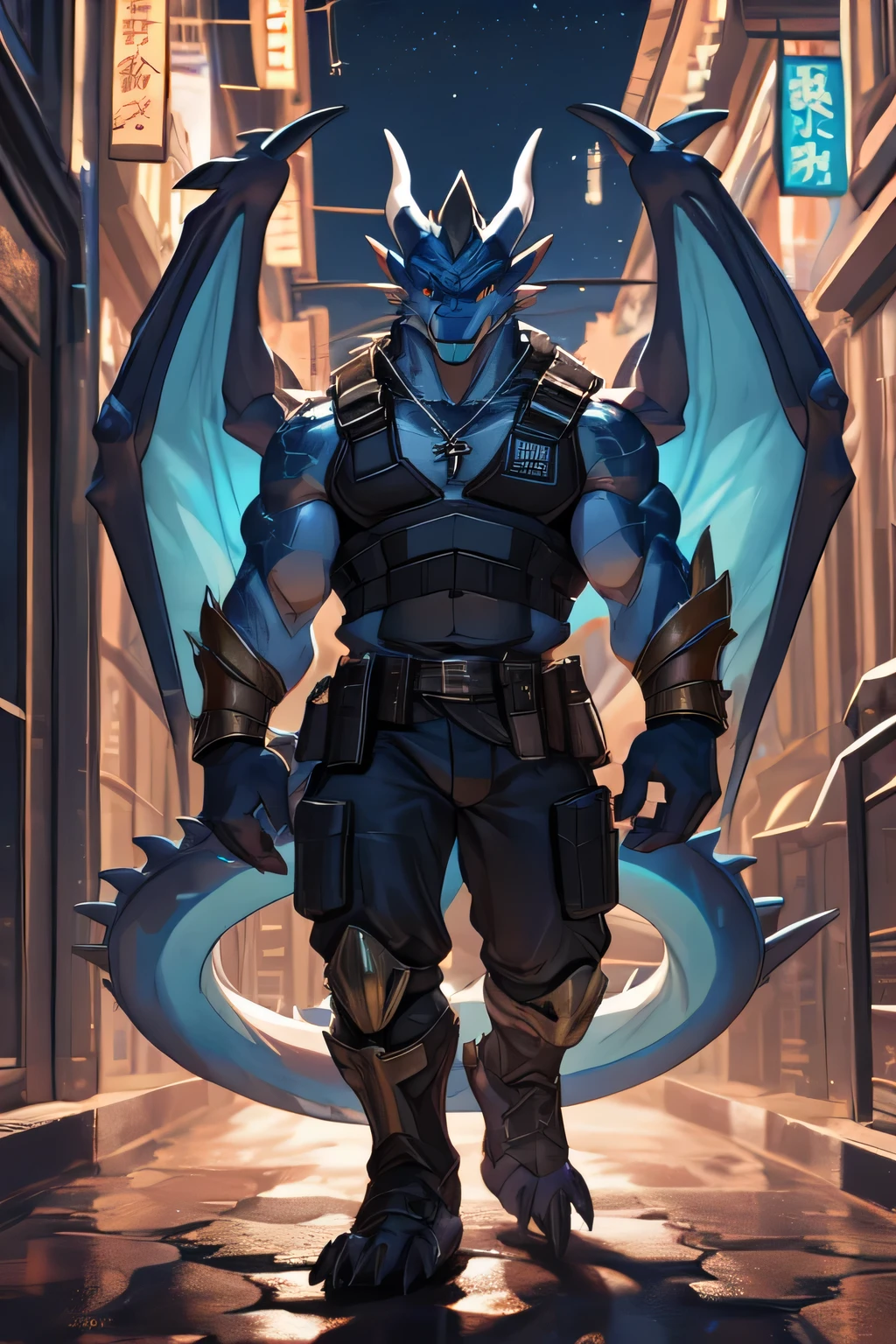 (The violent and powerful Black Dragon King，Wearing modern black and gold armor：100)，Purple long style，(Physically strong，broad dragon body，majestic dragon wings，Sharp and huge dragon claws，粗Dragon tail，huge black dragon king：2)，emulsion，full crotch，The dragon&#39;s legs are curved，anger，(blue dragon flame：2)，blood moon，Overwhelming presence，full body pictures，Very detailed，4k HD,Scars on the face, With sunglasses on his head,Necklace hanging around the neck,(muscular body:1.3), There is a scar on the face, Handsome, OK,(Scars on the face), on the street,(Express),(city background),(There is a scar on the face:1.2),(dragon horn),(Dragon tail),perfect masterpiece,(16K),Full body clothing,alone,((Strong)),,(double hand cross),(dick:1.2),(double hand cross:1.5),(hand:1.3),(fierce expression.:1.2),(Vision:1.5),Strong,muscle,((Holding a gun in hand)), (Bulletproof vest)),serious expression