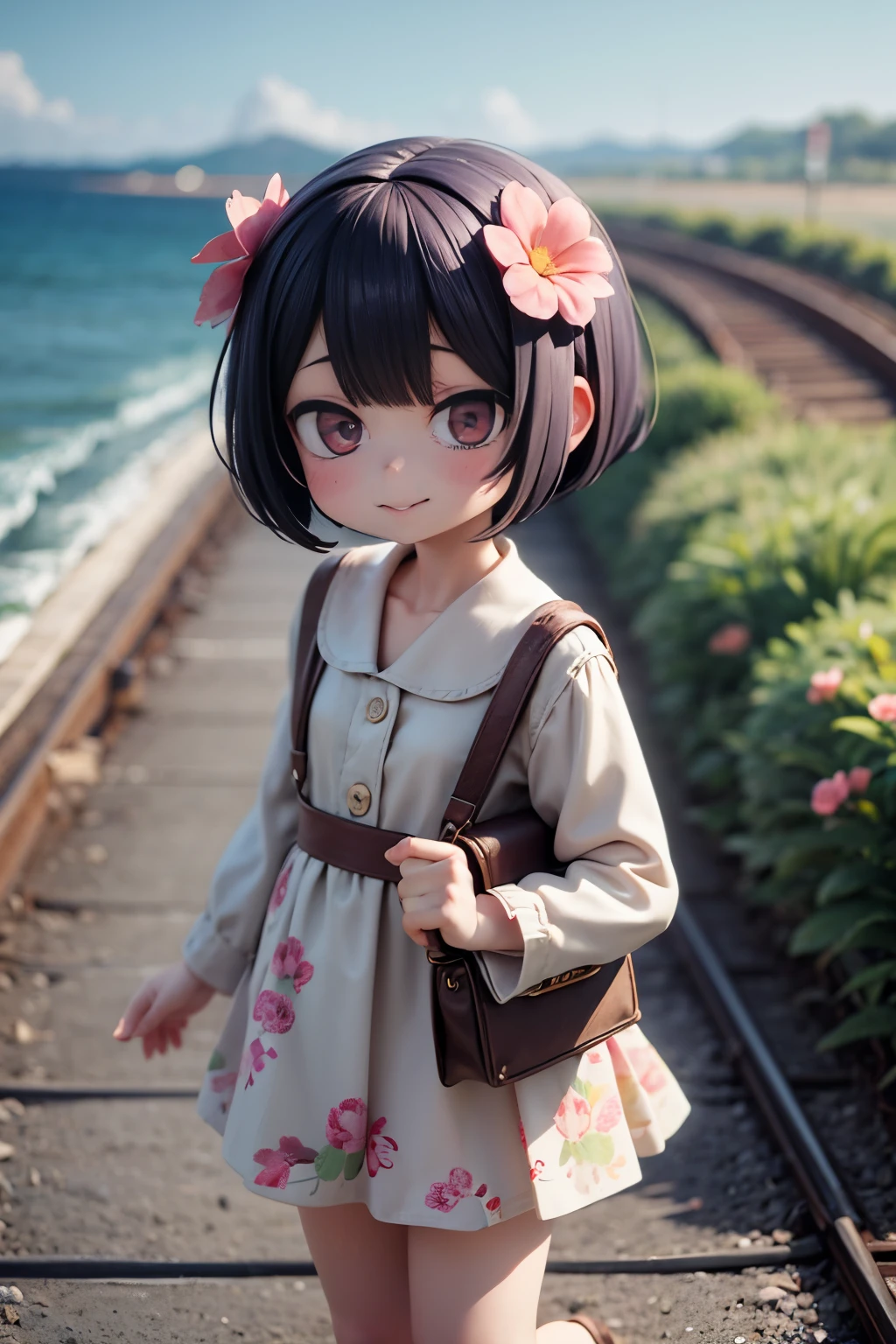 bustup、morning、Girl walking on a path parallel to the railroad tracks、Raising the right hand、Vigorous、You can see the sea in the background, I see the train、( hair adornments、Floral hair ornament)、 masutepiece, Anatomically correct、A smile, radiant light、Shinkai Makoto style