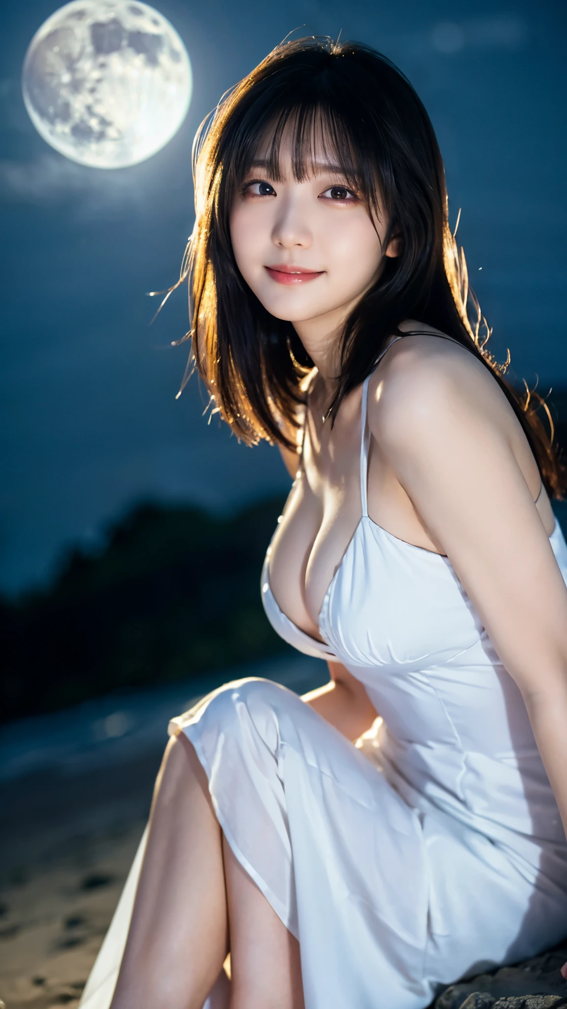 (highest quality,masterpiece:1.3,ultra high resolution),(Super detailed,caustics,8k),(photorealistic:1.4,RAW shooting),(night),(night空),(starry sky),(full moon),(beach),(One girl looking up at the sky),sitting,20-year-old,cute,Japanese,(smile),black long hair,strong wind,(hair blowing in the wind),(white dress),(big breasts),Natural light,moonlight,(side shot),(bust up shot),(low position),(Low - Angle)