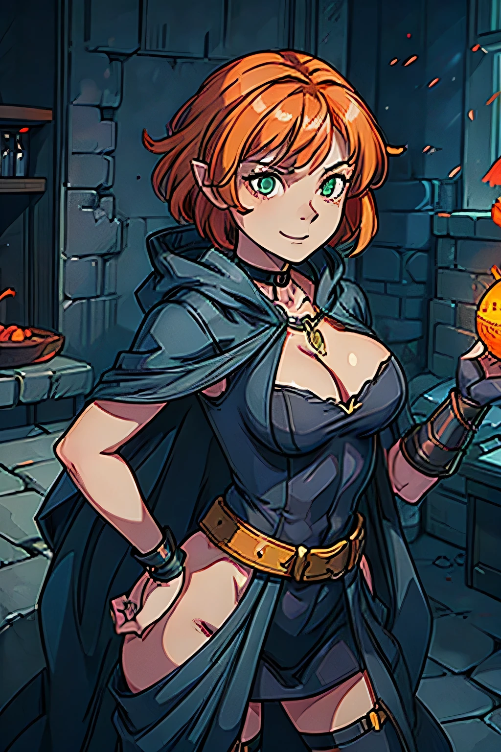 (((masterpiece))), (((best quality))), illustration, single character, game character, rpg character, female character, female necromancer, dark blue dress with golden details, leather bracers. huge cleavage. small breasts. gemmed necklace. side butt. wide hips. up turned hips. Side hips exposed. wavy short hair. orange short hair, slightly pointy ears, yellowgreen eyes, evil face, smile. attittude woman. open hooded black cloak. orange hair. aggressive posing. energy in hand. dungeon background, flat color background, anime character, 8k, awesome quality
