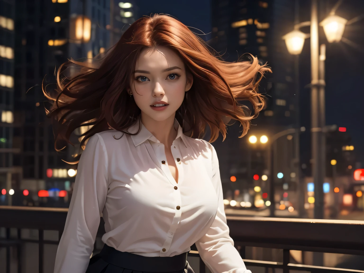 (clear, high-definition image, eyes realistic sizing, drooping eyes), (masturbating), (((intense orgasm face))), ((showing off her pubic)), ((jumping casual blouse and skirt)), night downtown area, dark red hair, ((eccentric posing)), skyscrapers, windy,