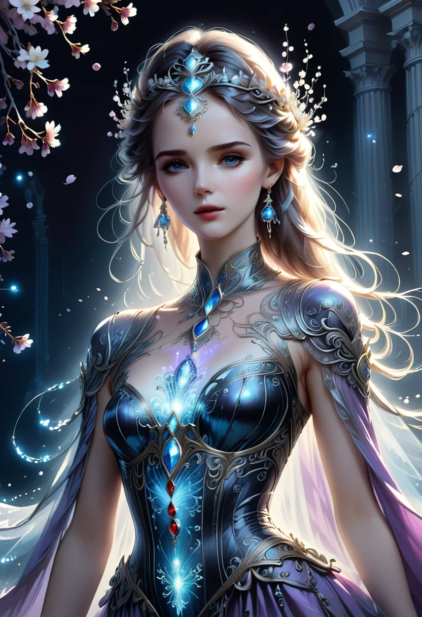 (pencil_sketch:1.2, messy lines, Grayscale, traditional media, sketch),(full body portrait:1.5), (Far focus design:1.5), elf queen, High-level elf noble clothing, proudly, Shy, bell, Triple Crown, Glowing white pupils, Eyes look toward central focus, wrapped in lilac metallic canvas, exuding an aura of dark fantasy and, Intricate and exquisite details, Highlight thin strokes, dark rich color palette, Black, Red, white, blue, Increase the overall atmosphere, Beautiful details shine, smooth and flawless, through double exposure technology, Beautiful mist covers the earth, Delicate crystal structure sparkles, ethereal light, Soft baby pink cherry blossoms, Sophisticated carpet floors, Optical fiber thin fibers add touch, complex and mysterious, nose blushing, rococo style, high detail, concept art, ultra high definition, anatomically correct, Super details, best quality, 8K