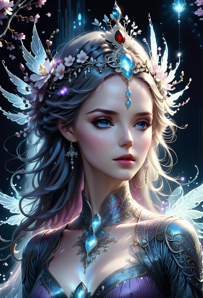 (pencil_sketch:1.2, messy lines, Grayscale, traditional media, sketch),(full body portrait:1.5), (Far focus design:1.5), elf queen, High-level elf noble clothing, proudly, Shy, bell, Triple Crown, Glowing white pupils, Eyes look toward central focus, wrapped in lilac metallic canvas, exuding an aura of dark fantasy and, Intricate and exquisite details, Highlight thin strokes, dark rich color palette, Black, Red, white, blue, Increase the overall atmosphere, Beautiful details shine, smooth and flawless, through double exposure technology, Beautiful mist covers the earth, Delicate crystal structure sparkles, ethereal light, Soft baby pink cherry blossoms, Sophisticated carpet floors, Optical fiber thin fibers add touch, complex and mysterious, nose blushing, rococo style, high detail, concept art, ultra high definition, anatomically correct, Super details, best quality, 8K