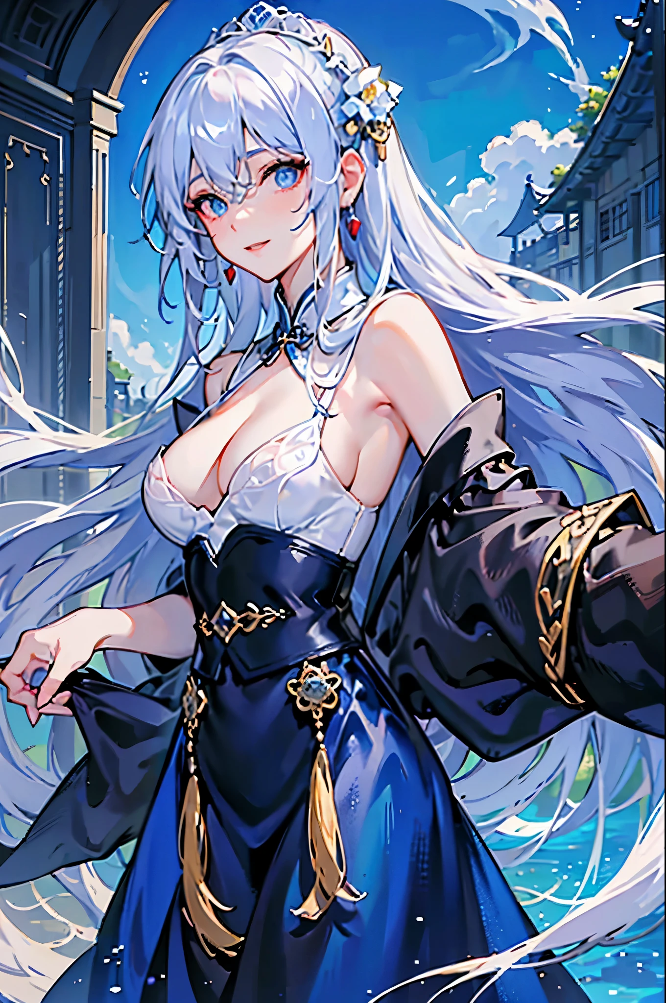 (best quality, High resolution, masterpiece:1.2), 1 female,adult women,,perfect face, (gentle smile), exquisite eyes, elegant,(blue eyes), Chinese style dress, flowers, ((long white hair)), looking at the audience,((close up)),Chinese style architecture,palace,Exquisite hair accessories and clothing details,No exposure of breasts,ExqChinese style necklace pendant,dark night,moon,starry
