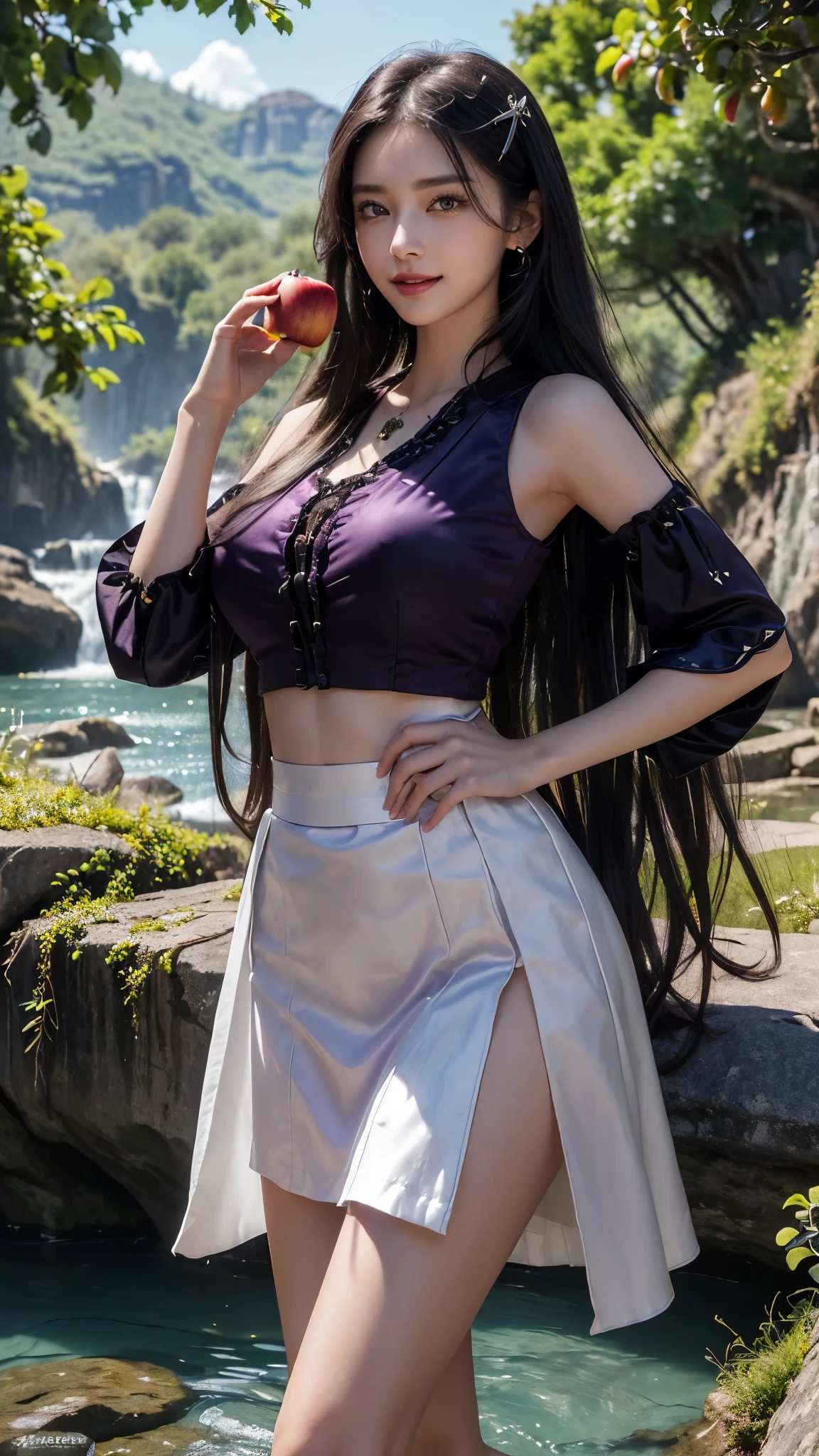 8k, masterpiece, RAW photo, best quality, photorealistic, extremely detailed CG unity 8k wallpaper, Depth of field, Cinematic Light, Lens Flare, Ray tracing, (extremely beautiful face, beautiful lips, beautiful eyes), intricate detail face, ((ultra detailed skin)) , in the dark, deep shadow, pretty Asian girl, idol, 1 girl, (very slim slender fit-muscled body:1.3), ((looking at viewer)),((big smile:1.3)), ((big smile:1.3)), (tight Matty silky satin Violet colour laced blouse), 1 Beautiful girl, (Detailed face,beautiful eyes, beautiful earrings, bracelets, necklace, pantyhose, clear eyes, (pale skin), (big eyes), face forward, ((upper body shot)), ((Matty silky satin Violet color above knee length skirt)), (Black hairs),((long Hair)), ((Matty satin silky Violet laced skirt)),(detailed pupils,detailed clothes features, Clear background:1.3), (armlets, bangle:1.3), ((Mysterious ancient ruins)), floresta exuberant, Deep canyon,((bridge)), River,cliff,Cloud,lakes,Rock music,((Waterfalls)), ((sitting on Water rocks)), ((Rose flower plants besides of river water)), Grass,((grape trees)), ((pine trees)),bright detail,Sharp,Perfect compounding, Intricate, Sharp focus, Dramatic,(very slim), Breast, ((super round breasts under the dress)), ((flooming laced)), updo hair, ((Above knee length skirt)), ((above knee length skirt)), 4 Different types poses, Cinematic photography, ((Sexy angles)), ((1 hand on hip)),medium butt, ((Flying many Butter fly's in beside of me)), ((violet Colour apple in hand)), ((Biting apple))