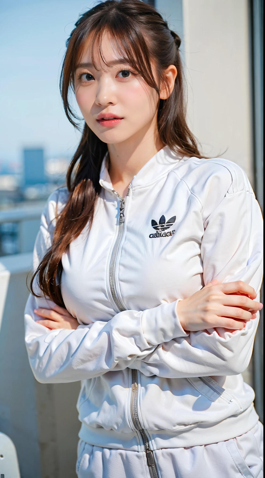 (8K、Raw photo、highest quality、masterpiece:1.3)、(realistic、Photoreal)、(very big breasts:1.2)、perfect limbs、fashionable clothes、Clothing that suits the city、(adidas tracksuits:1.3)、table up、zoom in、Upper body