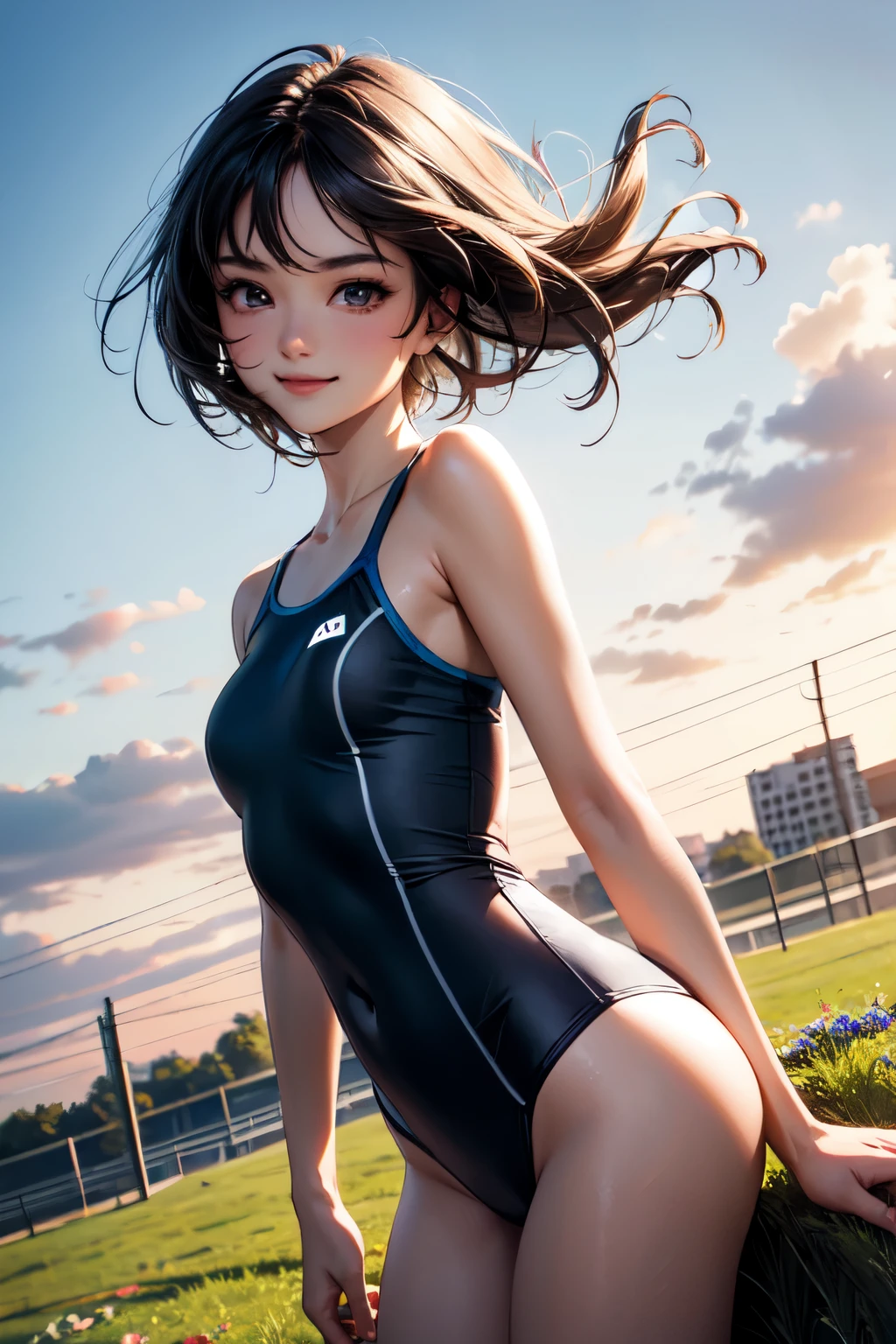 very cute and beautiful girl,(highly detailed beautiful face),blue school swimsuit,
standing,leaning forward,pool side,tiny colorful flowers on grassland,
(smile),looking at viewer,black hair,cowboy shot,
(best quality,masterpiece:1.0),absurdres,highres,ultra-detailed,extremely detailed,32k,
cinematic scene,detailed background,solo,dynamic angle,
hair fluttering in the wind,beautiful detailed sky,