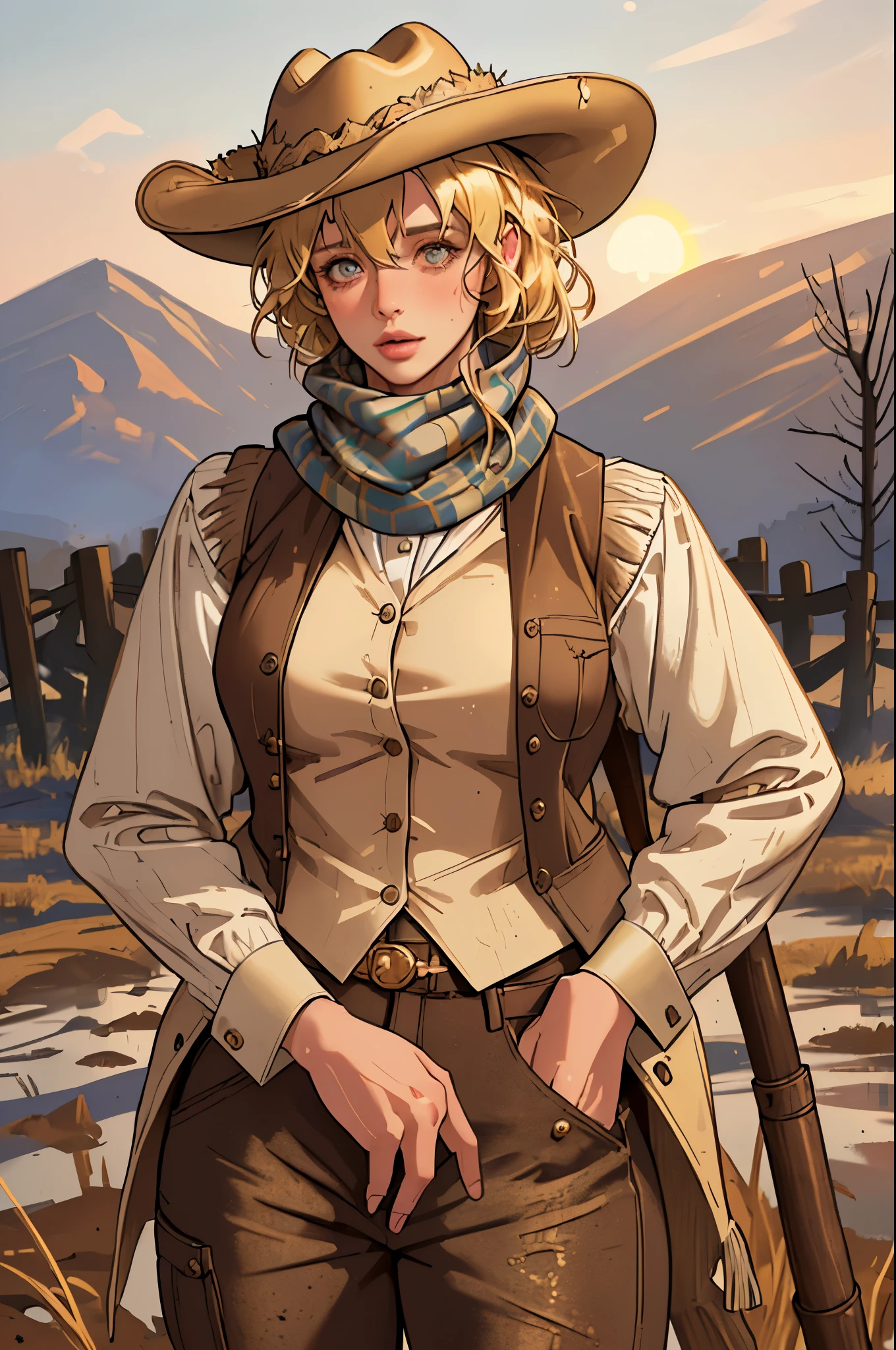 (highest quality, Super detailed, realistic:1.37), outdoor, girl, muddy, detailed and beautiful eyes, beautiful detailed lips, cowboy hat, vest with fringes, pants, scarf, With confidence, middle of chest, dusty farm landscape, golden hour lighting