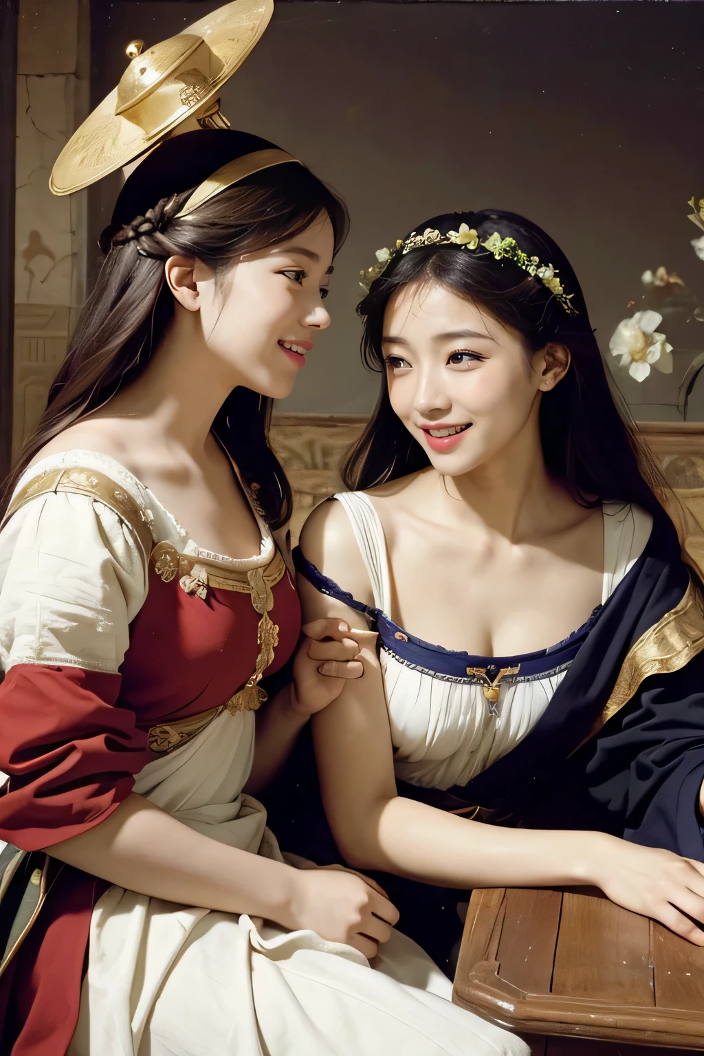 Giorgione painting style,Arguments of two female Philosophe,math、astronomical machine、astronaut、roses in vase、fruits、Cute trinkets、smile、ancient greek costume、Ancient Roman landscape in the style of Nicolas Poussin,laughter,,Sweet and seductive appearance.、Caravaggio's paintings、Chiaroscuro of Caravaggio、hair tousled by the wind,Two women frolicking,cute smile, expression of ecstasy,Sexy,erotic