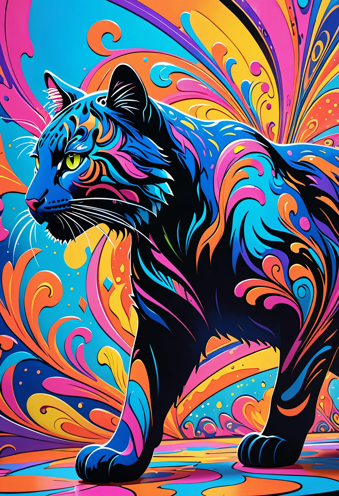 (((Vibrant))) abstract picture, 2D flat ornate sketch, psychedelic, ornates, ornates, ornates, popup art, big cat 😺 silhouette, full covered neon multicolor paint, painted, dynamic holand angle