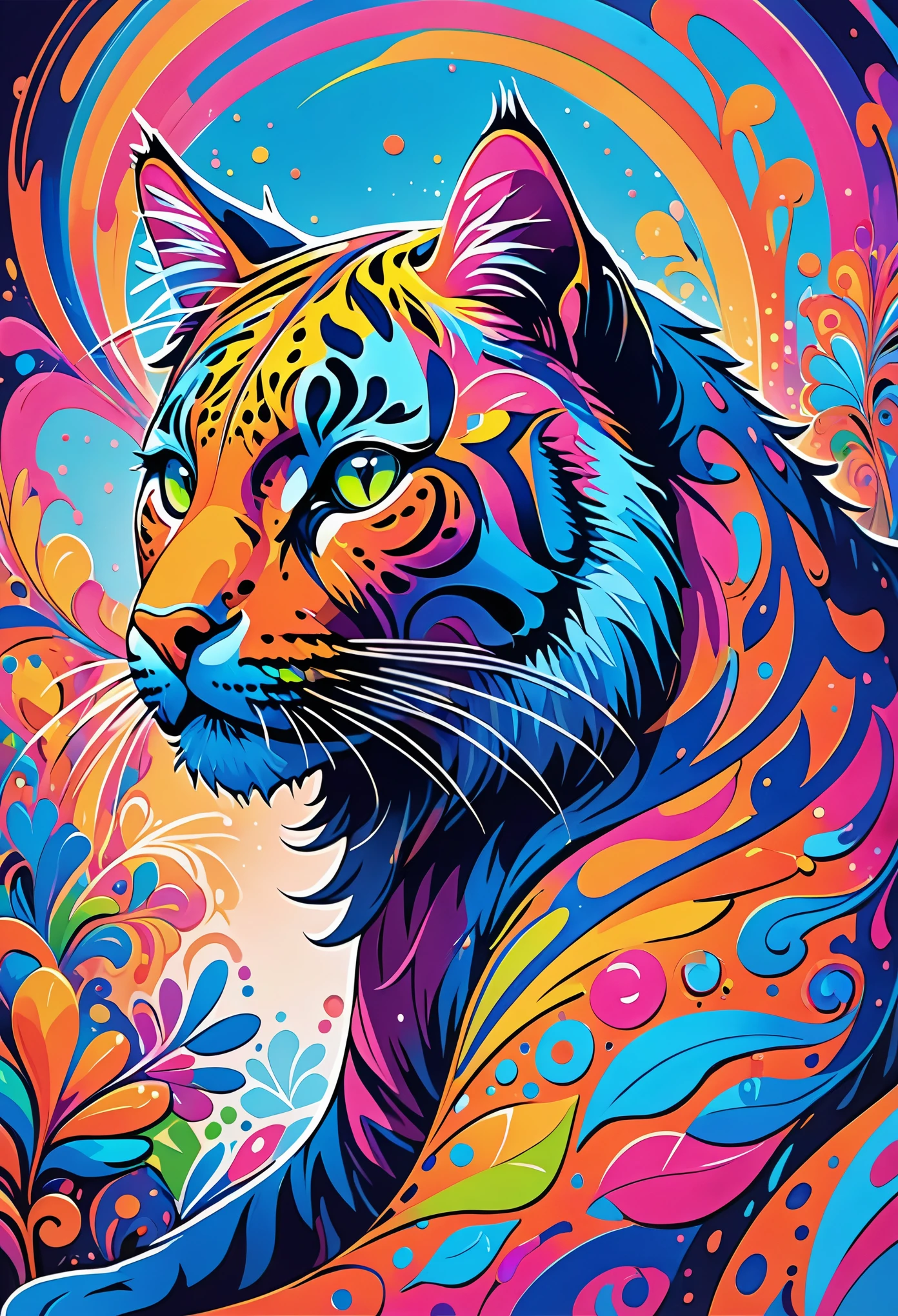 (((Vibrant))) abstract picture, 2D flat ornate sketch, psychedelic, ornates, ornates, ornates, popup art, big cat 😺 silhouette, full covered neon multicolor paint, painted, dynamic holand angle