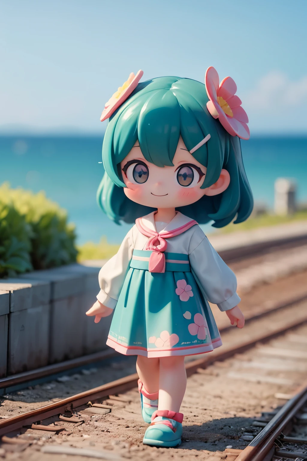 bustup、morning、Girl walking on a path parallel to the railroad tracks、Raising the right hand、Vigorous、You can see the sea in the background, I see the train、( hair adornments、Floral hair ornament)、 masutepiece, Anatomically correct、A smile, radiant light、Shinkai Makoto style