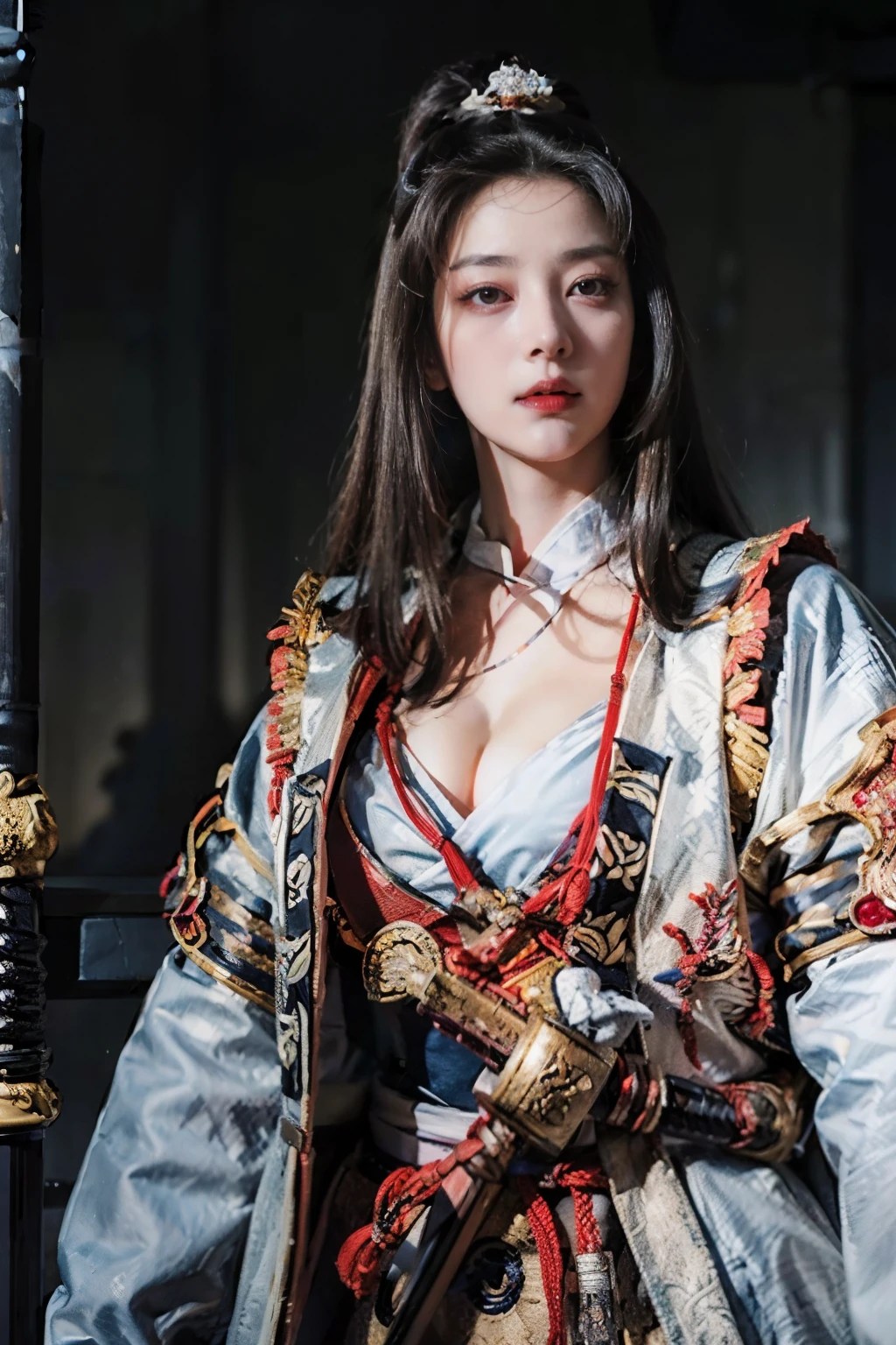 (8K, highest quality, masterpiece:1.2), (realistic:1.4), Raw photo, highest quality, ultra high resolution, best shadow, (full body:1), historical heroine, cleavage, Swordmaster, kabuki, samurai sword, large scale amazing environment, horror, dark horror, highly detailed facial features, beautiful and perfect face, perfect eyes, perfect fingers,