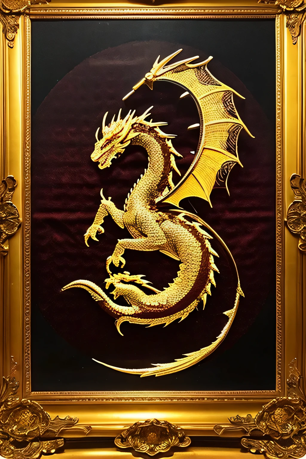 Dragon embroidery, embroidery frame, close up, gold color, dragon, with lightning