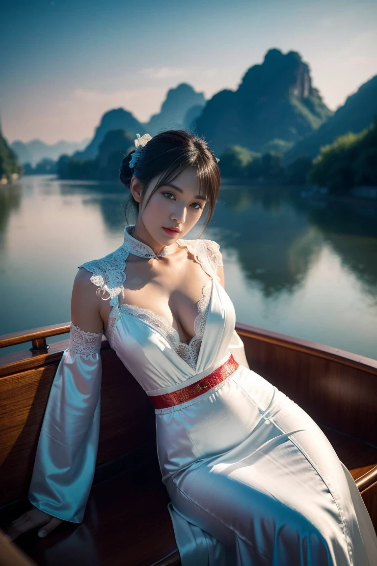 (RAW photo, 4k, realistic, exquisitely detailed skin :1.3),masterpiece,best quality,an award-winning work,ultra detailed,depth of field,cinematic angle,cinematic light,low key,dark scene,(soft warm laterial lighting:1.2),(hdr:1.4)(hyperrealism, soft light, sharp),(hyperdetailed:1.2),cinematic lighting,explosions,over exposure,intricate details,magazine cover,dynamic angle,,chiaroscuro,emotional impression,(Psychedelic,Addictive,drug addict,decadent atomsphere,drunk,),,(1 girl, solo focus, a chinese lady sitting on a boat floating on the river, chinese landscape, moutains,outdoors, starry sky:1.5),cleavage,beautiful legs,milky skin,emotional,(wearing traditional long white chinese wedding dress with phoenix pantterns,long sleeve,)(ribbons:1.2)(chinese architecture:1.5),(silk:1.2),,(extremely detailed skin),charming,shy,seductive,emotional,mature female,evil grin,,dynamic pose,extremely beautiful skin,shiny skin,natural skin texture,beautiful and aesthetic,atmospheric,extremely detailed background,,vivid illumination,,exceptional detail,,atmospheric depth,,masterful technique,,harmonious composition,,cinematic lighting,,immersive atmosphere,,stunning visuals,rose Red and blue,light bronze and indigo,runstyle,