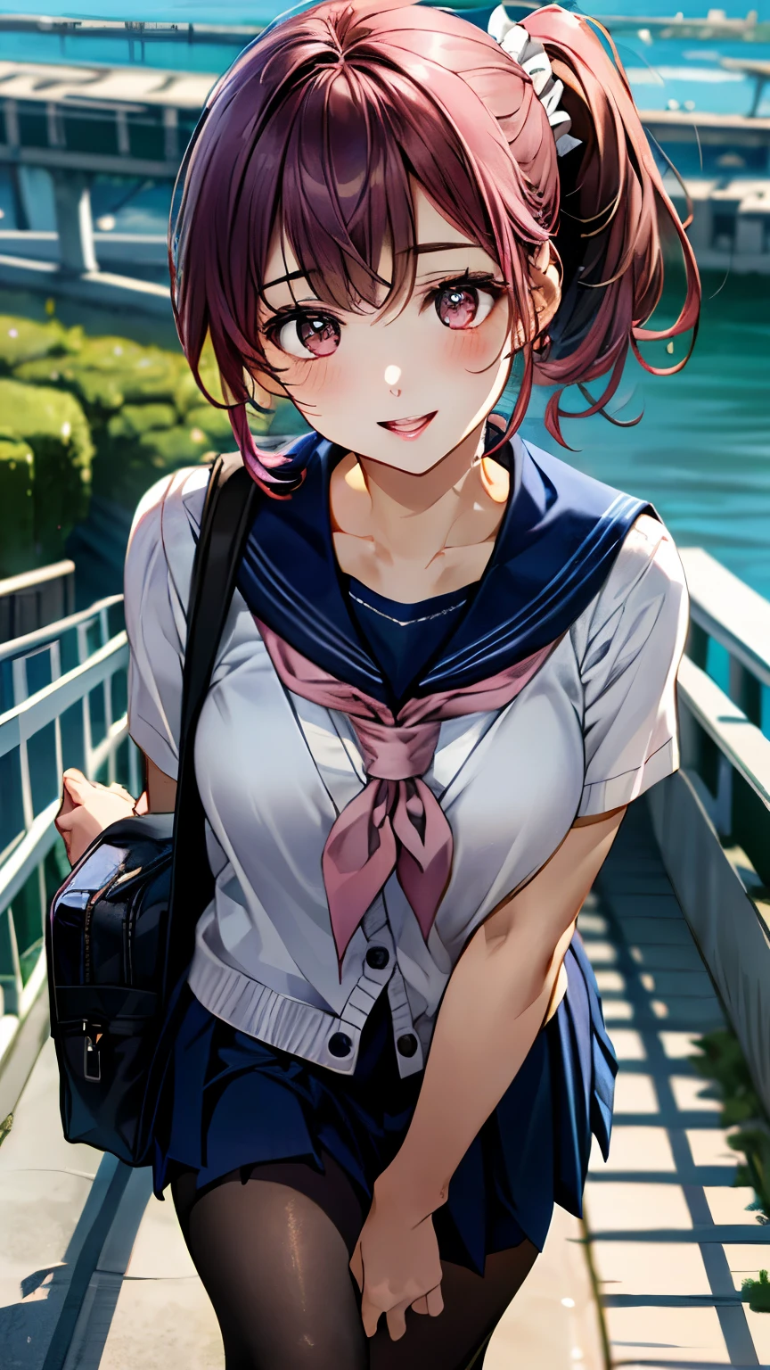 (masterpiece:1.2, highest quality, ultra high resolution, super detailed), (realistic, photorealistic:1.4), beautiful illustrations, (natural side lighting, movie lighting),
looking at the viewer, 1 girl, Japanese, high school girl, perfect face, (perfect anatomy), Cute symmetrical face, shiny skin, thin,
(short hair, side ponytail, purple hair), asymmetrical bangs, dark red eyes, droopy eyes, Big eyes, long eyelash, (medium breasts),
beautiful hair, beautiful face, detailed and beautiful eyes, beautiful clavicle, beautiful body, beautiful breasts, beautiful thighs, beautiful feet,
((dark pink cardigan, Blue line on white sailor suit, navy pleated skirt, white sailor collar, Red Sailor Scarf, black tights)), pink hair scrunchie, navy school bag,
(beautiful scenery), Depth of the bounds written, morning, (riverside, distant cityscape), walk, (cute smile, upper eye, open your mouth),
