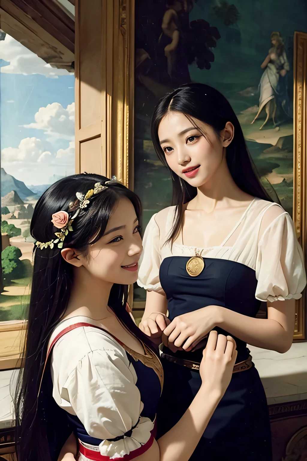 Giorgione painting style,Arguments of two female Philosophe,math、astronomical machine、astronaut、roses in vase、fruits、Cute trinkets、smile、ancient greek costume、Ancient Roman landscape in the style of Nicolas Poussin,laughter,,Sweet and seductive appearance.、Caravaggio's paintings、Chiaroscuro of Caravaggio、hair tousled by the wind,Two women frolicking,cute smile, expression of ecstasy,Sexy,erotic