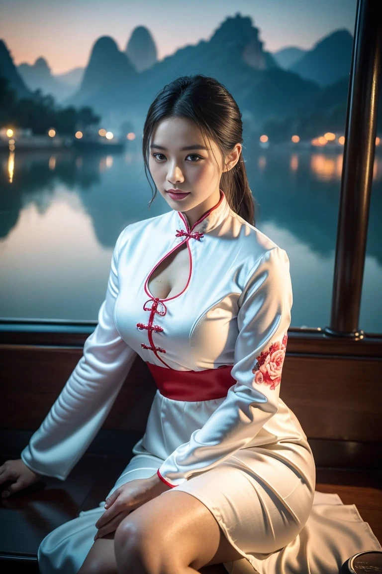(RAW photo, 4k, realistic, exquisitely detailed skin :1.3),masterpiece,best quality,an award-winning work,ultra detailed,depth of field,cinematic angle,cinematic light,low key,dark scene,(soft warm laterial lighting:1.2),(hdr:1.4)(hyperrealism, soft light, sharp),(hyperdetailed:1.2),cinematic lighting,explosions,over exposure,intricate details,magazine cover,dynamic angle,,chiaroscuro,emotional impression,(Psychedelic,Addictive,drug addict,decadent atomsphere,drunk,),,(1 girl, solo focus, a chinese lady sitting on a boat floating on the river, chinese landscape, moutains,outdoors, starry sky:1.5),cleavage,beautiful legs,milky skin,emotional,(wearing traditional long white chinese wedding dress with phoenix pantterns,long sleeve,)(ribbons:1.2)(chinese architecture:1.5),(silk:1.2),,(extremely detailed skin),charming,shy,seductive,emotional,mature female,evil grin,,dynamic pose,extremely beautiful skin,shiny skin,natural skin texture,beautiful and aesthetic,atmospheric,extremely detailed background,,vivid illumination,,exceptional detail,,atmospheric depth,,masterful technique,,harmonious composition,,cinematic lighting,,immersive atmosphere,,stunning visuals,rose Red and blue,light bronze and indigo,runstyle,