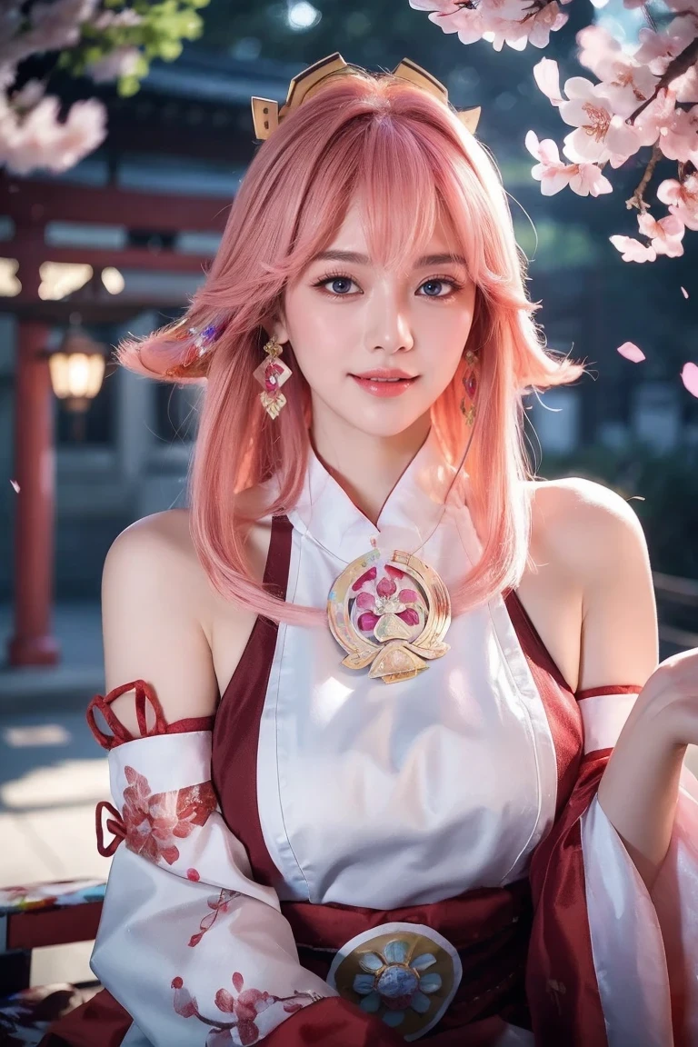 kpop idol, yae miko, detached sleeves, bare shoulders, pink hair, long hair, japanese clothes, best quality, (painting:1.5), (hair ornament:1.35), jewelry, purple eyes, earrings, breasts, torii, cherry blossoms, lantern light, depth of field face focus, ribbon_trim, (looking at viewer:1.25), nontraditional miko, shiny skin, long sleeves, smile, thick lips, hands on lips, east asian architecture, (blurry background:1.2), sitting, upper body,((ultra high res, 8k, RAW photo, best quality, masterpiece:1.47746,realistic:1.4, photo-realistic:1.4,cinematic lighting:1,intricate details:1,raw photo:1))(((ultra-detailed:1.47746))),professional lighting,((physically-based rendering:1)), ((ruddy skin:1,sweat))lens flare,ray tracing ,(extremely detailed face, beautiful detailed eyes,expressive hair:1.5,shiny hair;1)cinematic lighting,(vivid expression) (body muscle:1) solo(1girl:1.5)((smiling:1),(plump figure:1,blance body:1)(realistic hand,realistic clothes)