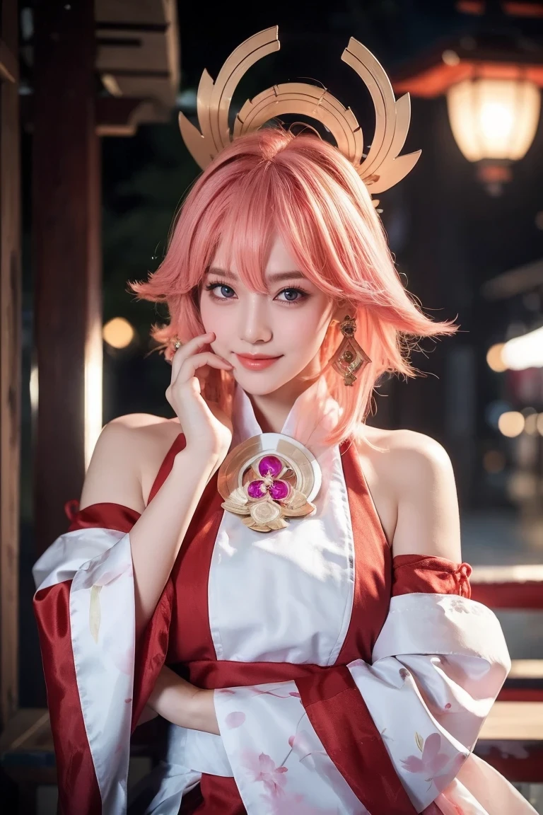 kpop idol, yae miko, detached sleeves, bare shoulders, pink hair, long hair, japanese clothes, best quality, (painting:1.5), (hair ornament:1.35), jewelry, purple eyes, earrings, breasts, torii, cherry blossoms, lantern light, depth of field face focus, ribbon_trim, (looking at viewer:1.25), nontraditional miko, shiny skin, long sleeves, smile, thick lips, hands on lips, east asian architecture, (blurry background:1.2), sitting, upper body,((ultra high res, 8k, RAW photo, best quality, masterpiece:1.47746,realistic:1.4, photo-realistic:1.4,cinematic lighting:1,intricate details:1,raw photo:1))(((ultra-detailed:1.47746))),professional lighting,((physically-based rendering:1)), ((ruddy skin:1,sweat))lens flare,ray tracing ,(extremely detailed face, beautiful detailed eyes,expressive hair:1.5,shiny hair;1)cinematic lighting,(vivid expression) (body muscle:olo(1girl:1.5)((smiling:1),(plump figure:1,blance body:1)(realistic hand,realistic clothes)