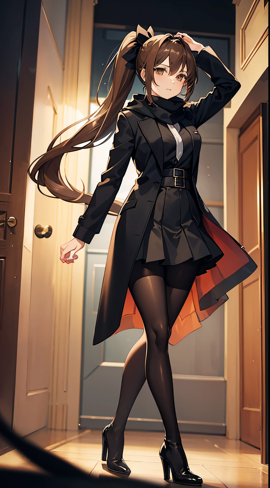 anime woman with light brown hair in a ponytail wearing a black bow, a long black jacket, a skirt, pantyhose, scarf and high heel boots