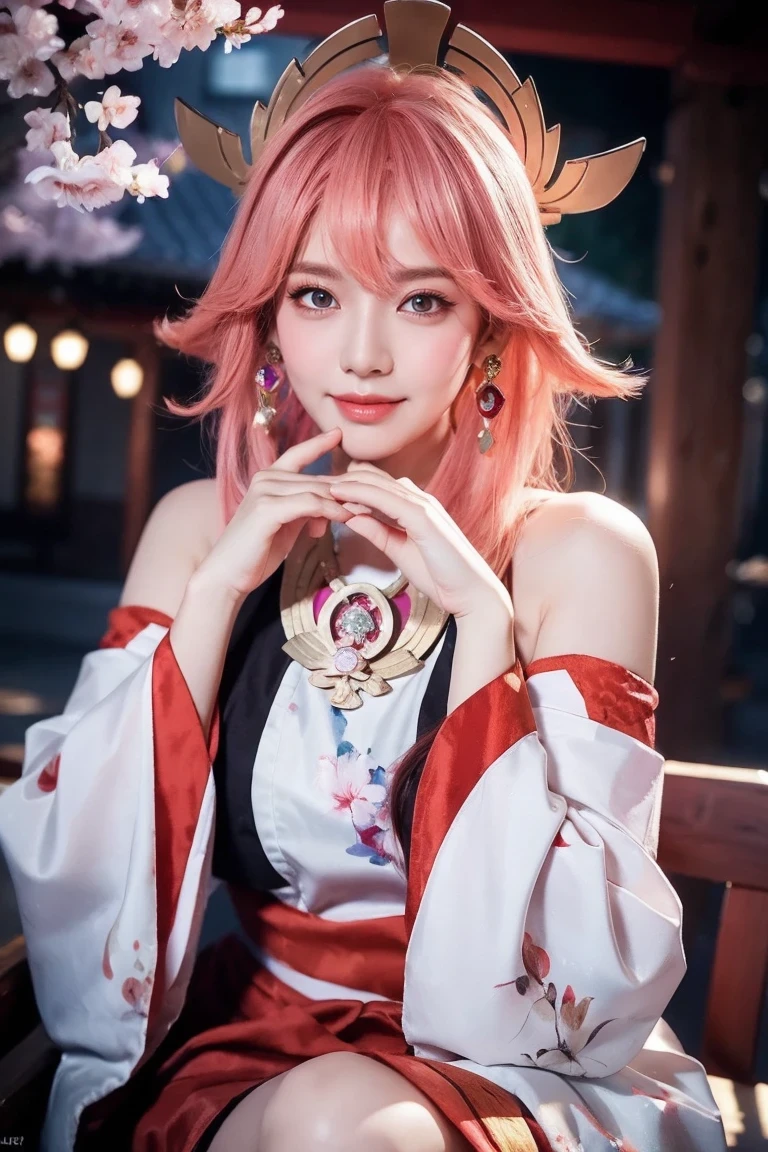 kpop idol, yae miko, detached sleeves, bare shoulders, pink hair, long hair, japanese clothes, best quality, (painting:1.5), (hair ornament:1.35), jewelry, purple eyes, earrings, breasts, torii, cherry blossoms, lantern light, depth of field face focus, ribbon_trim, (looking at viewer:1.25), nontraditional miko, shiny skin, long sleeves, smile, thick lips, hands on lips, east asian architecture, (blurry background:1.2), sitting, upper body,((ultra high res, 8k, RAW photo, best quality, masterpiece:1.47746,realistic:1.4, photo-realistic:1.4,cinematic lighting:1,intricate details:1,raw photo:1))(((ultra-detailed:1.47746))),professional lighting,((physically-based rendering:1)), ((ruddy skin:1,sweat))lens flare,ray tracing ,(extremely detailed face, beautiful detailed eyes,expressive hair:1.5,shiny hair;1)cinematic lighting,(vivid expression) (body muscle:1) solo(1girl:1.5)((smiling:1),(plump figure:1,blance body:1)(realistic hand,realistic clothes)