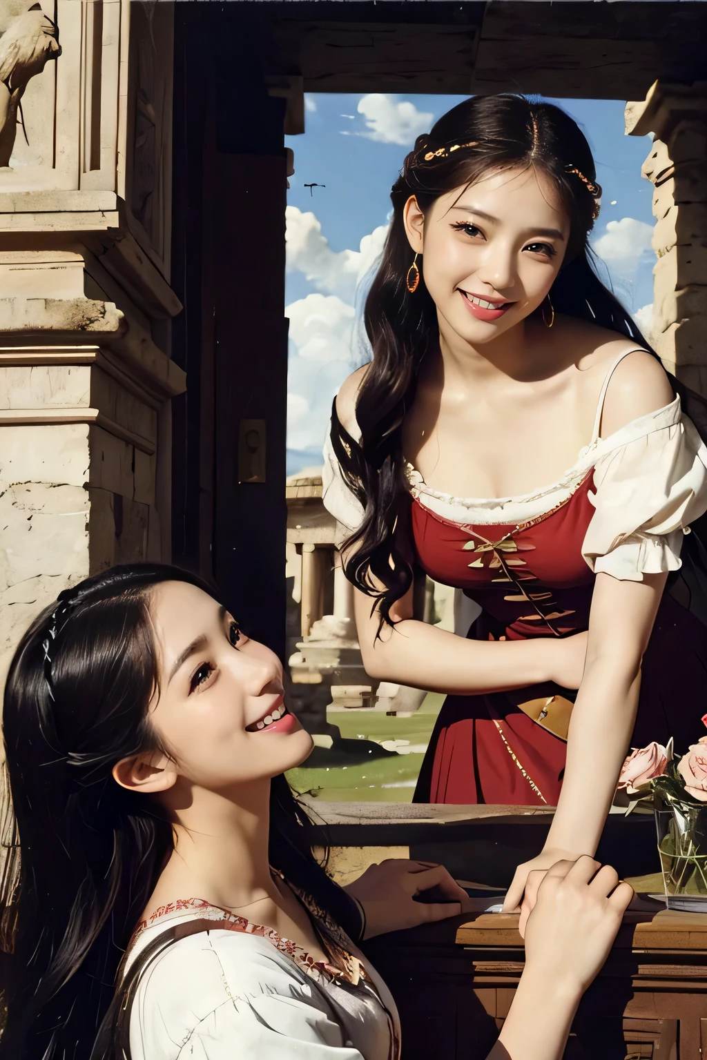 Giorgione painting style,Arguments of two female Philosophe,math、astronomical machine、astronaut、roses in vase、fruits、Cute trinkets、smile、ancient greek costume、Ancient Roman landscape in the style of Nicolas Poussin,laughter,,Sweet and seductive appearance.、Caravaggio's paintings、Chiaroscuro of Caravaggio、hair tousled by the wind,Two women frolicking,cute smile, expression of ecstasy,Sexy,erotic