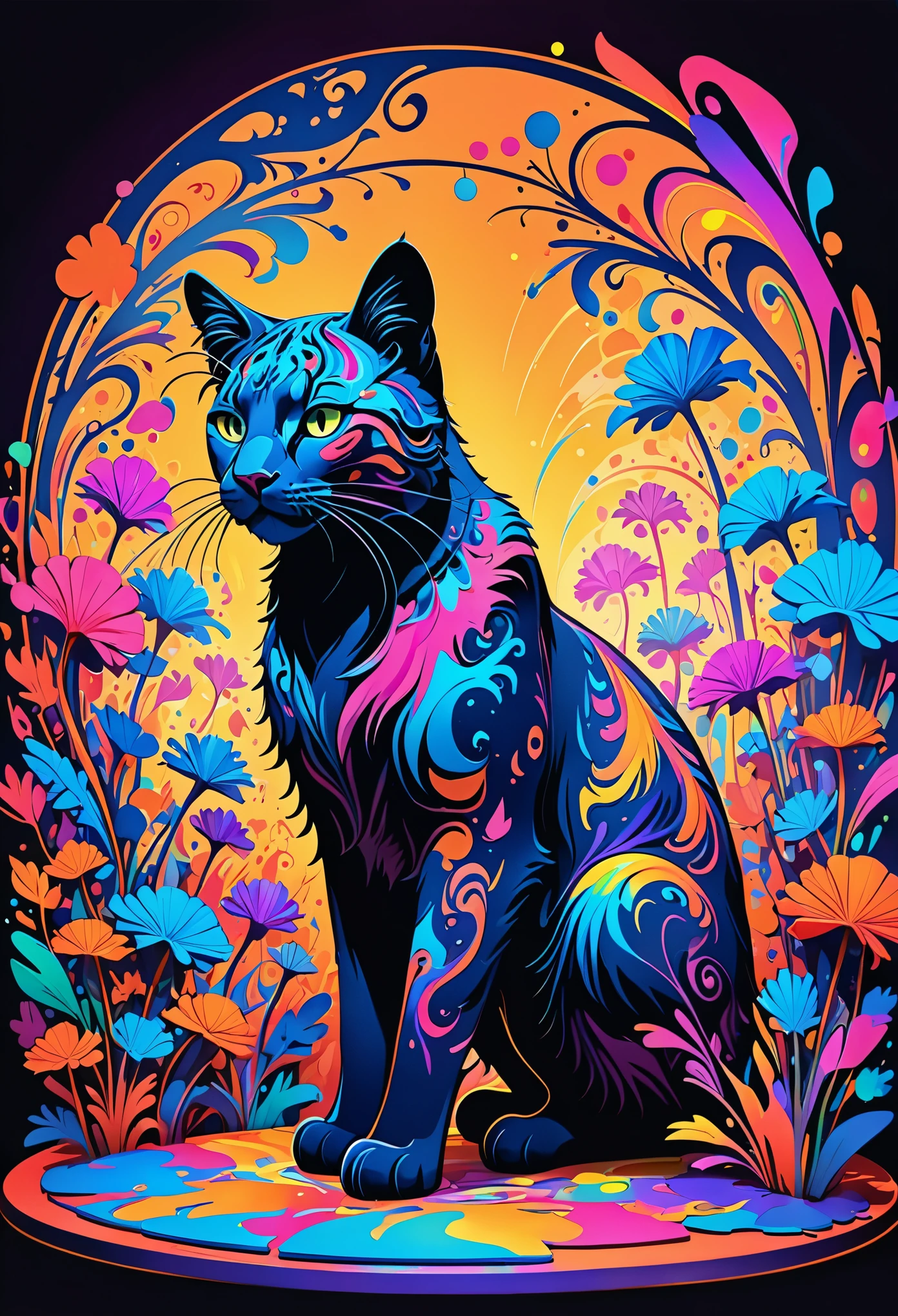 (((Vibrant))) abstract picture, 2D flat ornate sketch, psychedelic, ornates, ornates, ornates, popup art, big cat 😺 silhouette, full covered neon multicolor paint, painted, dynamic holand angle