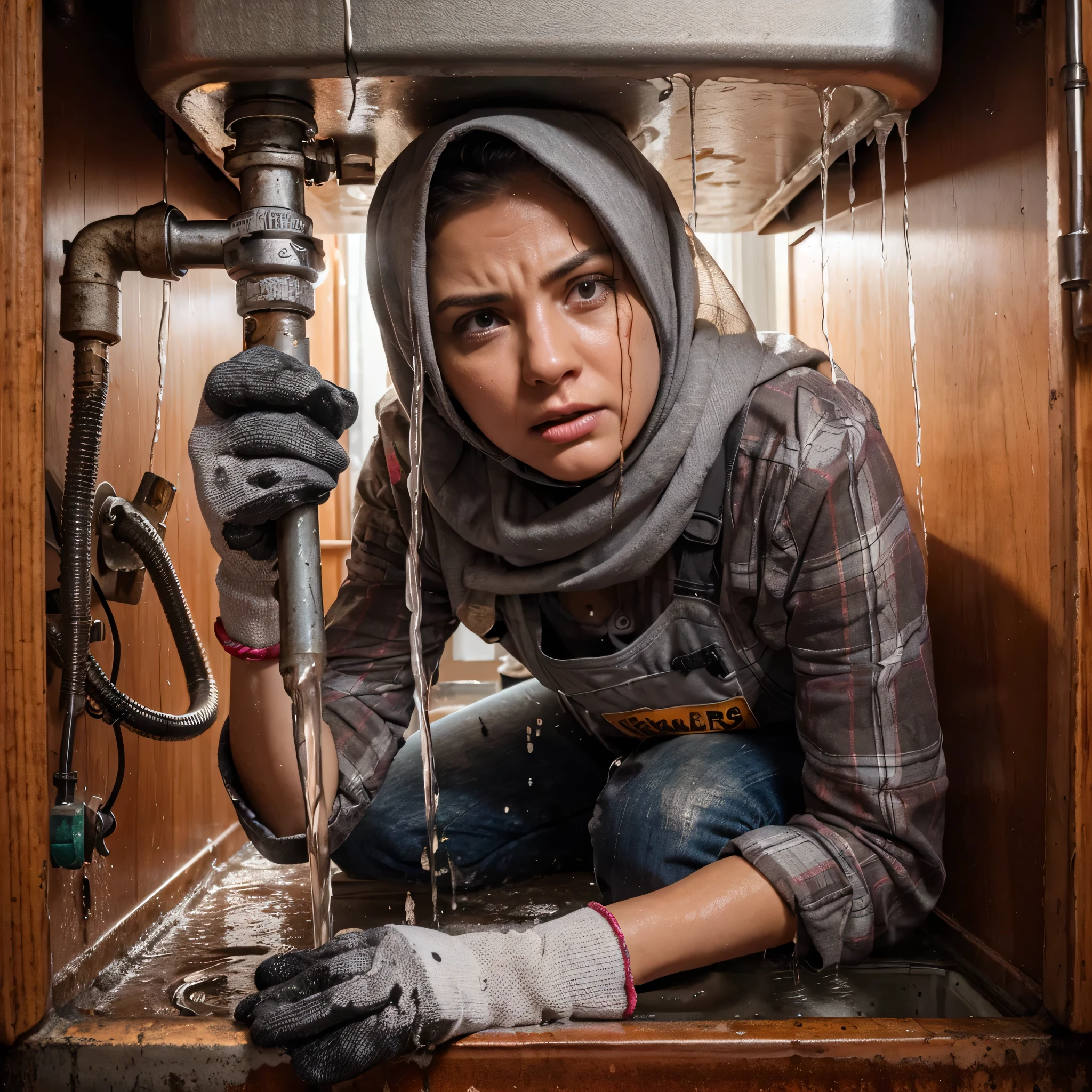 A realistic detailed photo of a woman in work clothes very angry. She is under the kitchen sink repairing a broken pipe, leaking water all over her.  HDR+