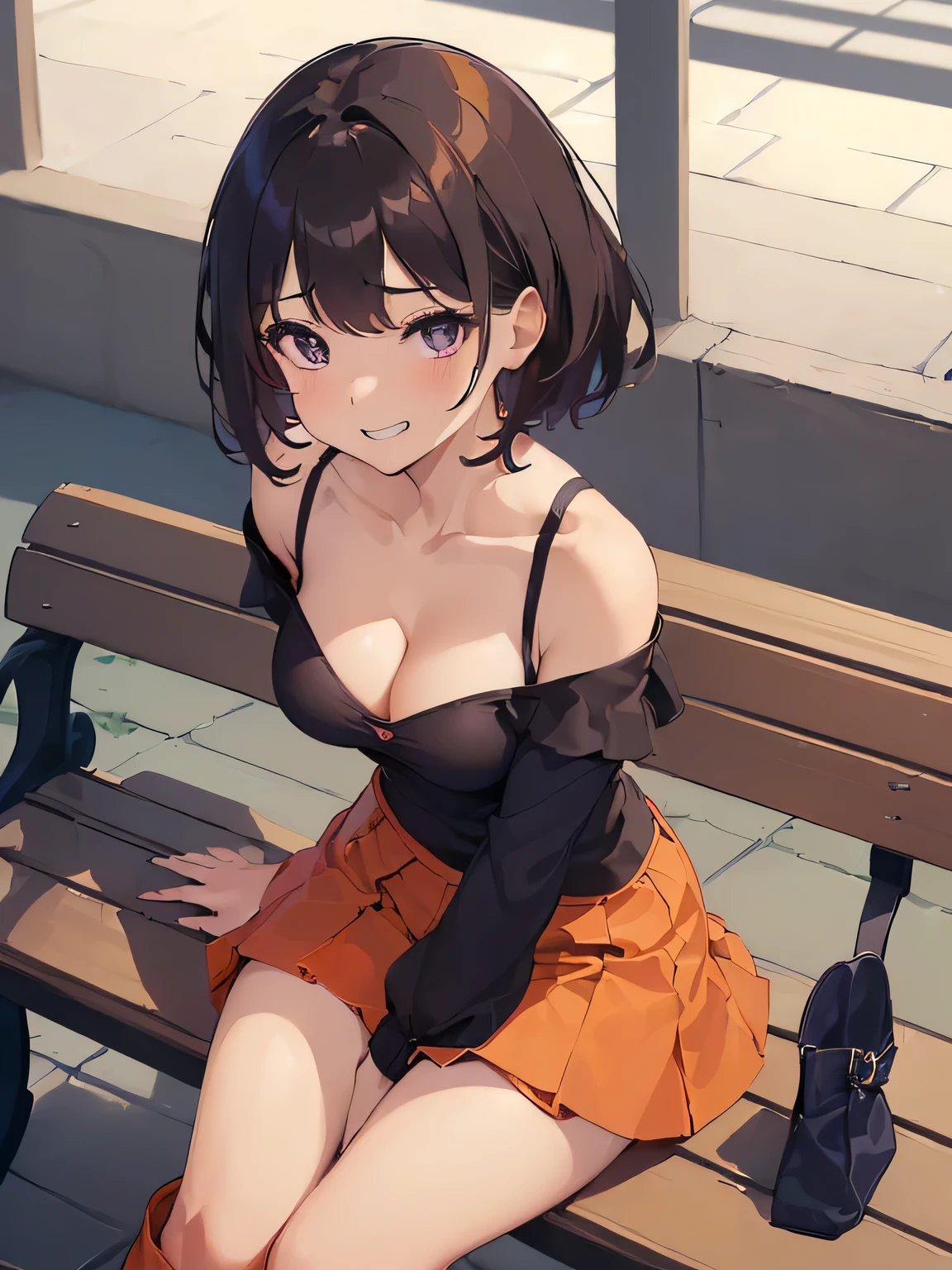 (masterpiece、highest quality、High resolution、realistic pictures、real looking skin:1.1)、
(A woman is sitting on a bench in a shopping mall:1.8)、
(The skirt is so short that you can almost see her panties.:1.8)、
(looking at her from a slightly higher perspective:1.8)、
(A provocative and grinning expression:1.8)、
(I am wearing a dark blue long-sleeved V-neck knit and a bare top underneath.:1.8)、
(I&#39;m wearing a tiered flared miniskirt that&#39;s almost red-orange.:1.8)、
(I am wearing black middle boots.:1.8)、
(The panties are purple and have a pattern on them.:1.5)、
(Bra and panties are always included:1.5)、
(brown short hair:1.5)、
(small face:1.5)、
(she is 22 years old:1.5)、
(Her breasts are D cup, so you can see her cleavage from the V neck.:1.5)、
(The place is a bench in a shopping mall.:1.5)、
1 Japanese girl、solo、full body esbian、beautiful eyes、shining eyes、Shining thighs、NSFW