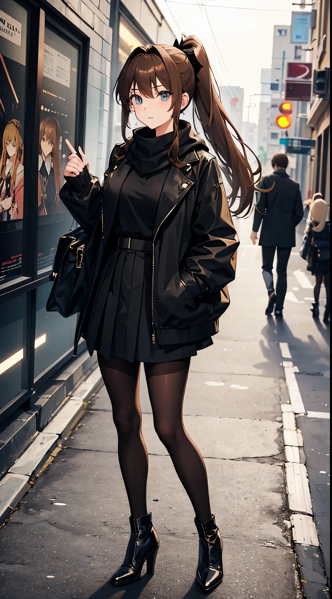anime woman with light brown hair in a ponytail wearing a black bow, a long black jacket, a skirt, pantyhose, scarf and high heel boots at a cinema