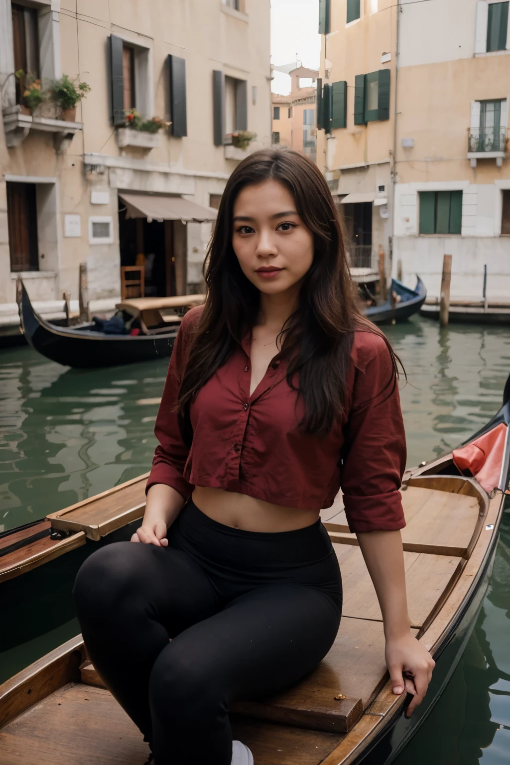 cute asian girl, fit body, long brown hair, in black leggings, red elegant shirt, harsh makeup, sitting in a gondola in Venice, Italy, photo realistic