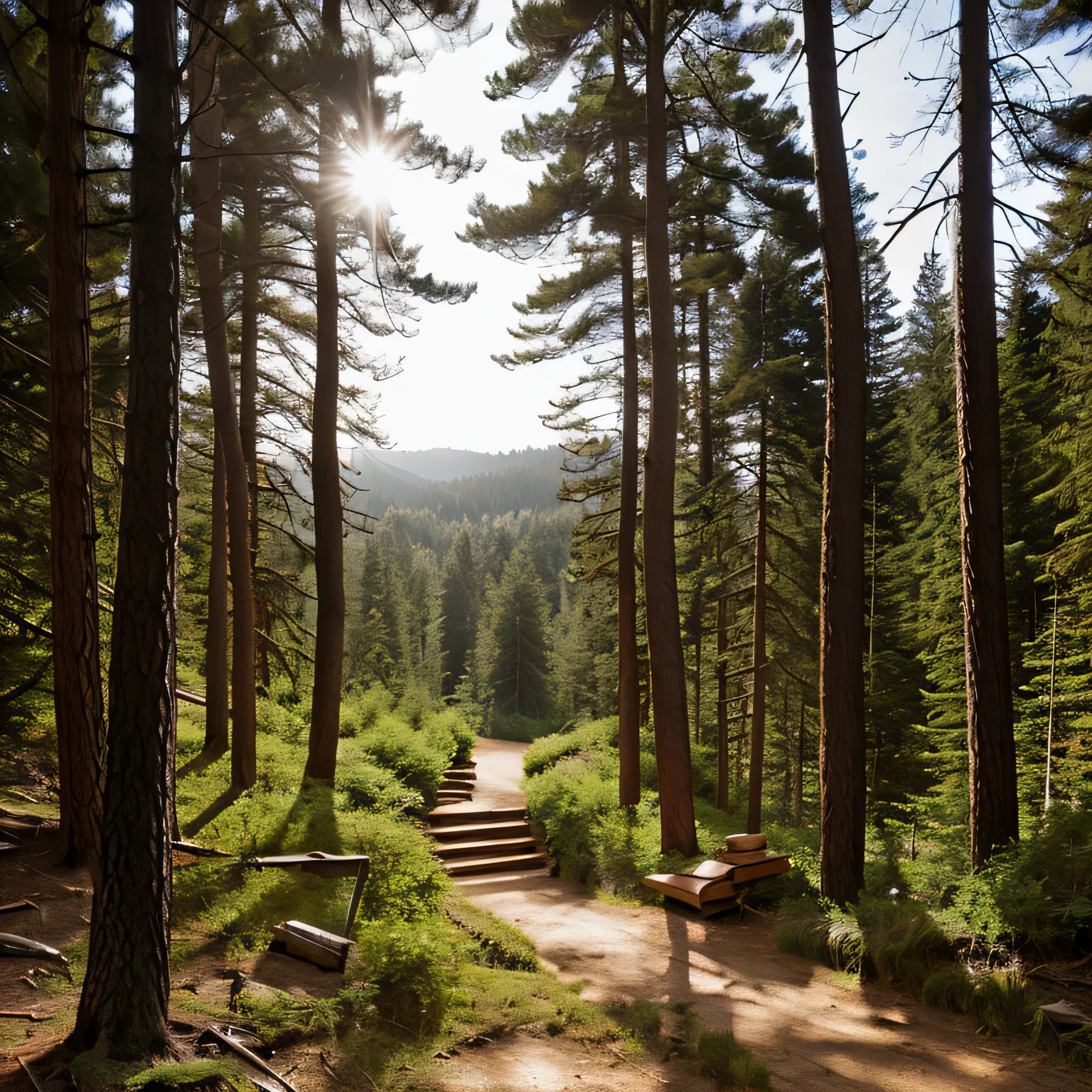 A steep gravel path winds through a dense pine forest and leads to a fork. An dieser Gabelung steht eine rustikale Holzbank, die den Blick auf das malerische Tal freigibt. The sun is just breaking through the treetops, bathing the scene in a warm morning light. Auf der Bank sitzt ein junger Junge, dessen Gesicht im sanften Glanz der aufgehenden Sonne erstrahlt. He appears to be engrossed in a conversation and is looking up at the sky, like he was talking to someone, der nicht mehr physisch anwesend ist. The trees around it rise high into the sky and give the place an atmosphere of peace and quiet