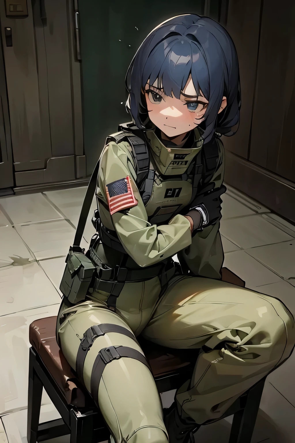1girl, army suit, faint smile, sit on the chair, dark, was beaten, tied by a rope, being interrogated
