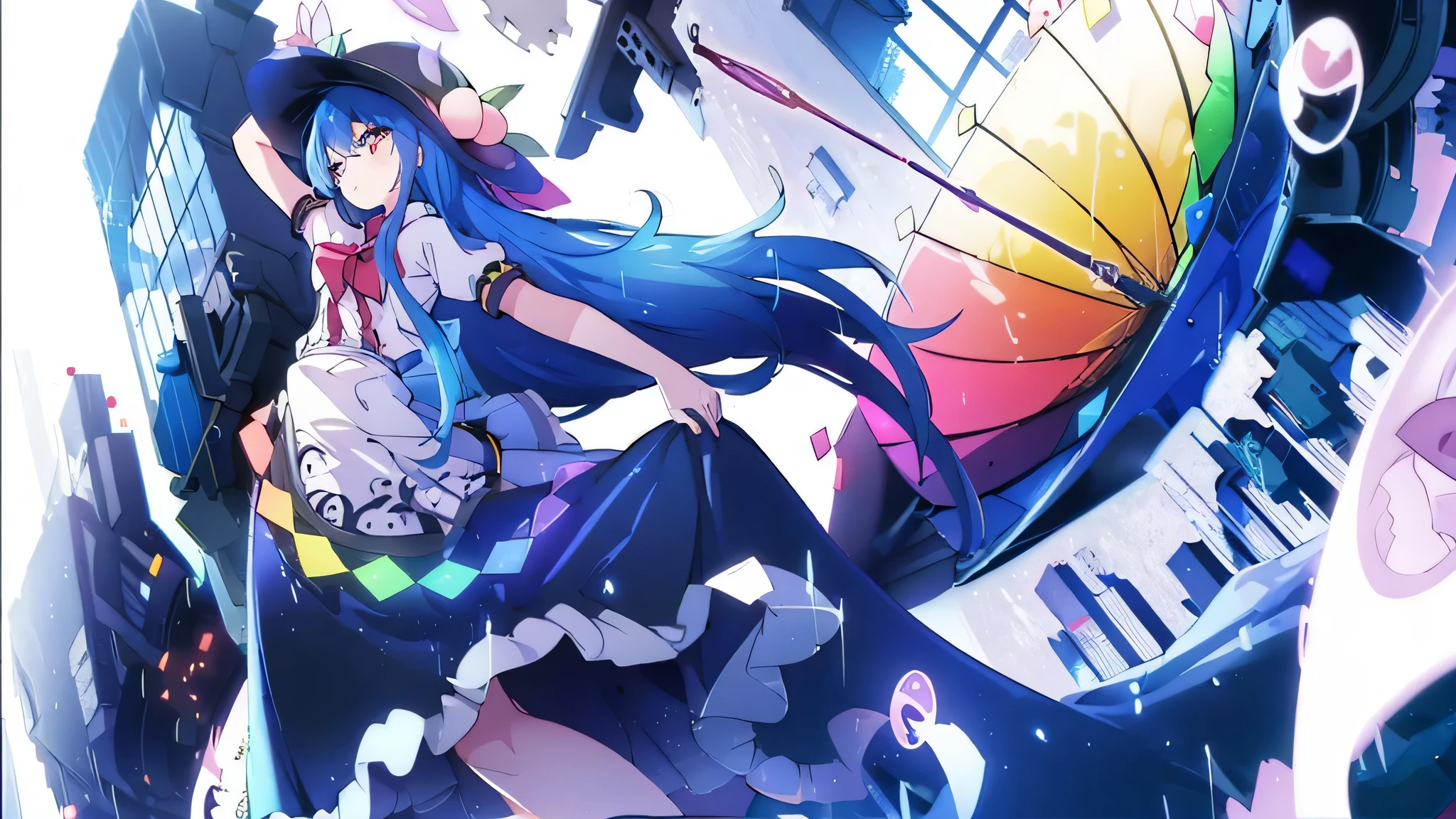 (masterpiece),best quality, expressive eyes, perfect face, 1girl,
 hands on waist,beautiful, gorgeous,anime,girl,lora,hinanawi tenshi, blue hair, blue haired, floating clothes,waist grab, grabbing waist, mains sur les hanches , hands on hips,flat chest