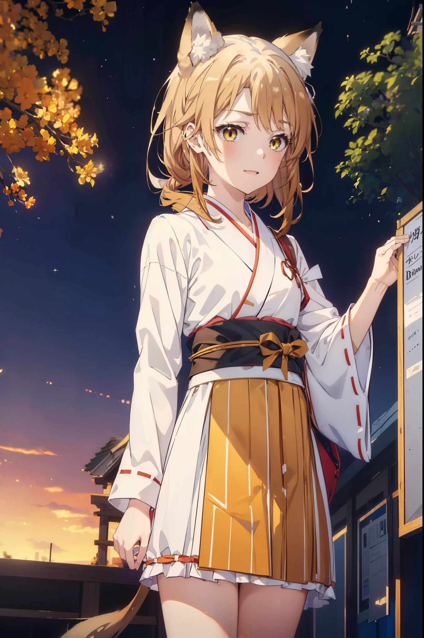 irohaisshiki, iroha isshiki, long hair, brown hair, (brown eyes:1.5), happy smile, smile, open your mouth,short braided hair,ponytail,animal ears fox ears,animal tail fox tail,bellflower,Miko, kimono, Red too,kimono, same as skirt, wide sleeve, long sleeve, Ribbon trim sleeves, white foot bag,Zori sandals,firework in the night sky、firework、The place is a firework display,Time is night,sunny day,全身がイラストに入るように
break outdoors, festival,
break looking at viewer,
break (masterpiece:1.2), highest quality, High resolution, unity 8k wallpaper, (shape:0.8), (beautiful deしっぽed eyes:1.6), extremely deしっぽed face, perfect lighting, extremely deしっぽed CG, (perfect hands, perfect anatomy),