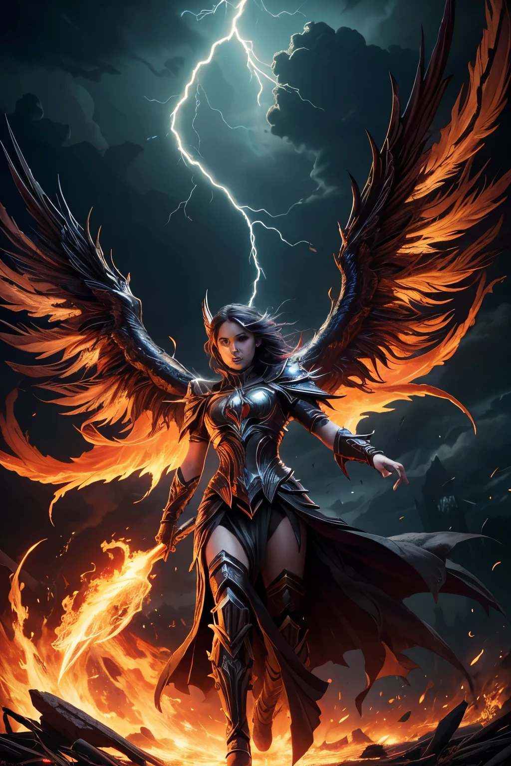 RAW, Best quality, high resolution, masterpiece: 1.1), Dark fantasy, Vibrant lights, Dramatic scene, Phoenix born again from the ashes, Dark sky and lightning upon the subject (Phoenix), Masterpiece, Huge in size, Spreading the wings widely, Throwing the fire through the mouth,

Best quality, high resolution, Masterpiece: 1.1, Dark fantasy, Vibrant lights, Cinematic scene, Phoenix reborn from the ashes, Dark, ominous sky, Illuminated by electric lightning,

Masterpiece: 1.1, Dark fantasy, Vibrant lights, Dramatic scene, Phoenix rising