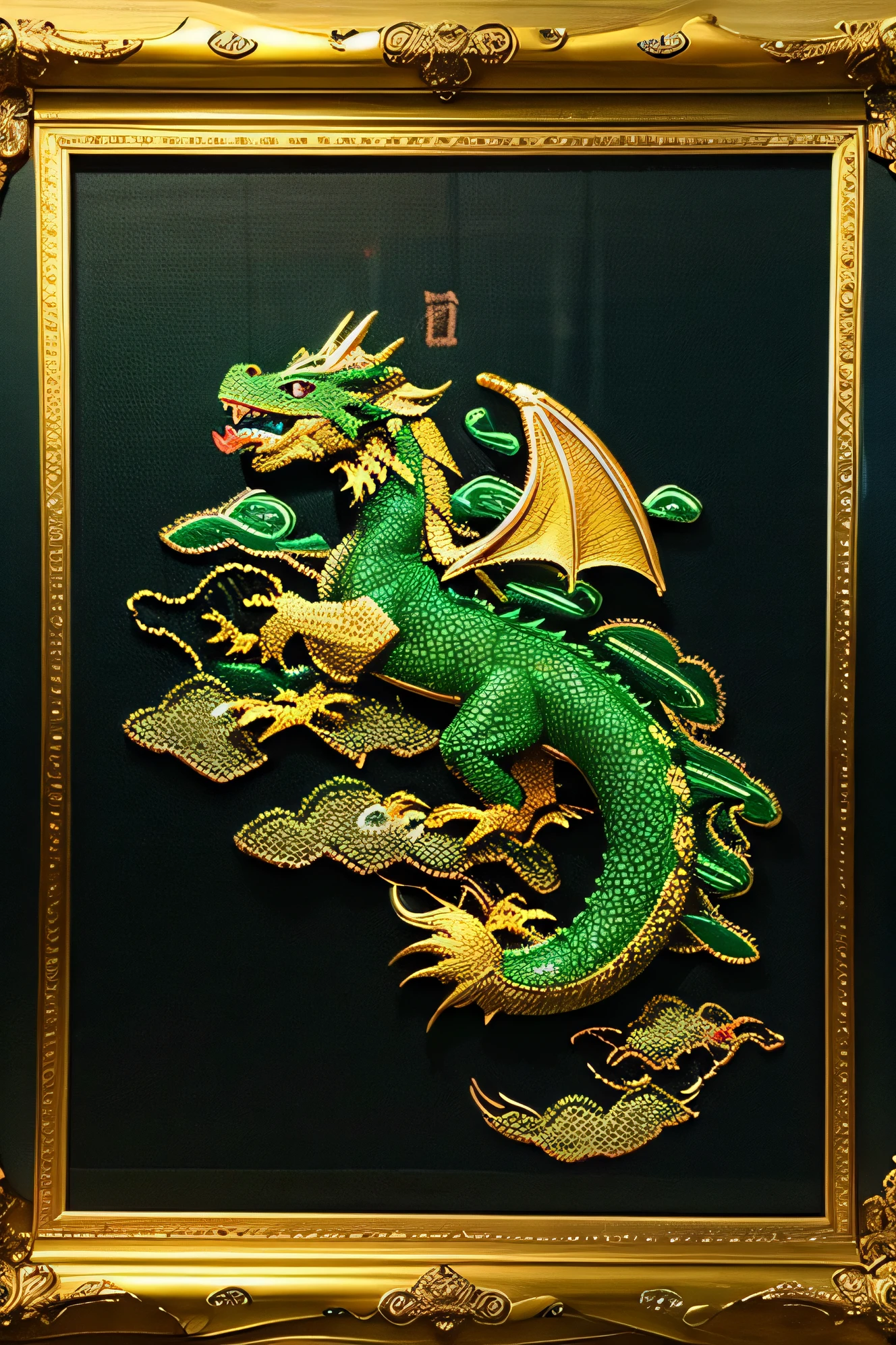 Dragon embroidery, embroidery frame, close up, gold color, dragon, with lightning, green body, close up, from front, front angle, fire breathing dragon