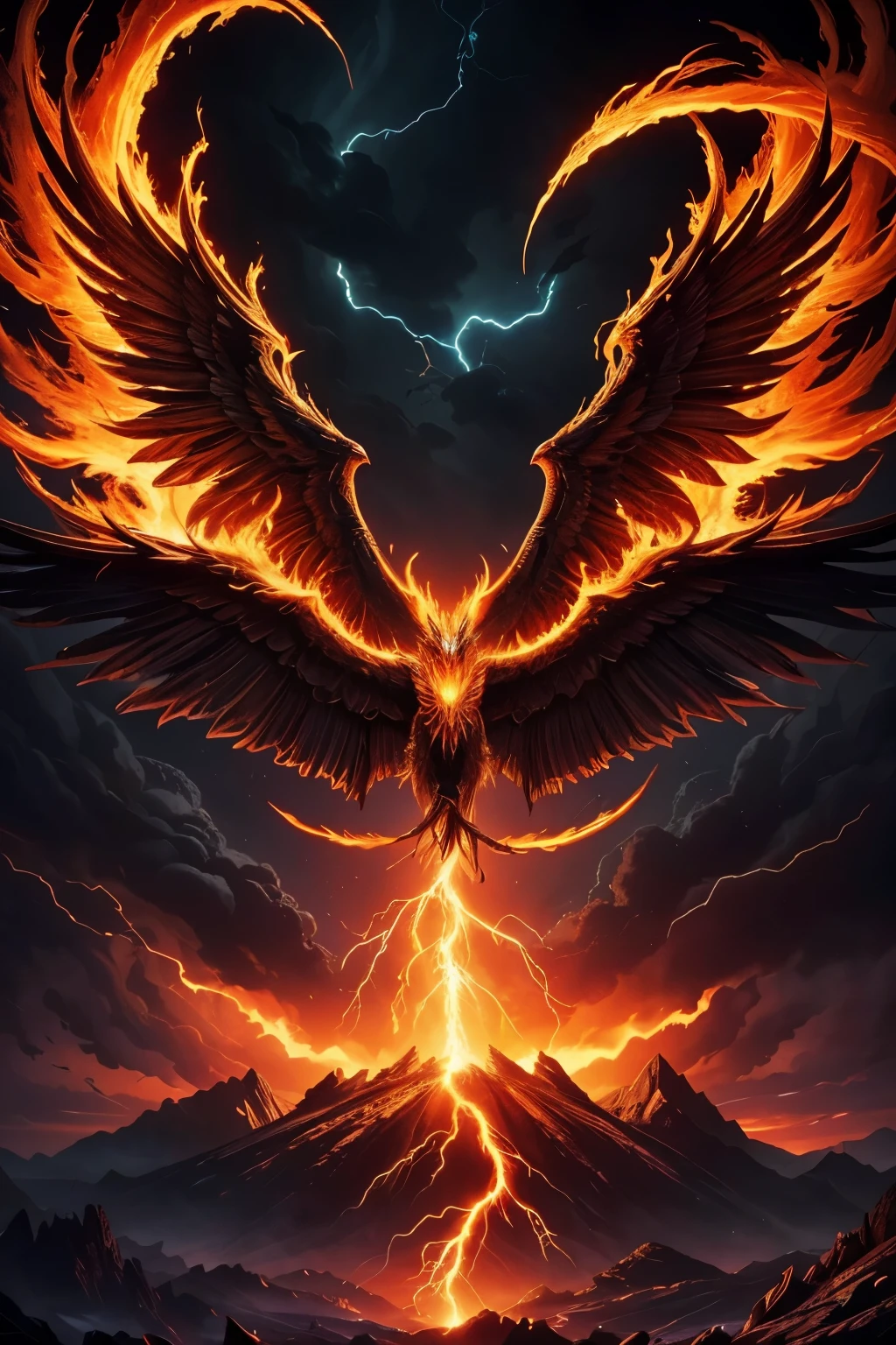 RAW, Best quality, high resolution, masterpiece: 1.1), Dark fantasy, Vibrant lights, Dramatic scene, Phoenix born again from the ashes, Dark sky and lightning upon the subject (Phoenix), Masterpiece, Huge in size, Spreading the wings widely, Throwing the fire through the mouth,
Best quality, high resolution, Masterpiece: 1.1, Dark fantasy, Vibrant lights, Cinematic scene, Phoenix reborn from the ashes, Dark, ominous sky, Illuminated by electric lightning,
Masterpiece: 1.1, Dark fantasy, Vibrant lights, Dramatic scene, Phoenix rising
