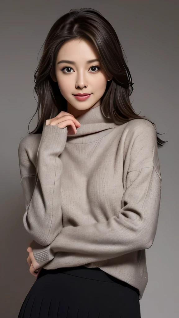 (Highly detailed CG Unity 8K wallpaper, highest quality, super detailed, look at the camera:1.2, light shines on your face:1.5, gray background, professional lighting), 28-year-old woman in Japan, Charming detective assistant, (length:1.2), intellectual facial expressions, shining eyes, slim body shape, Passionate attitude, Interesting gaze, intellectual, Strong sense of responsibility, Stylish appearance, confident smile, Professional atmosphere, Dark brown hair color, Medium height, Midi skirt with a fitted sweater, Knowledgeable impressions