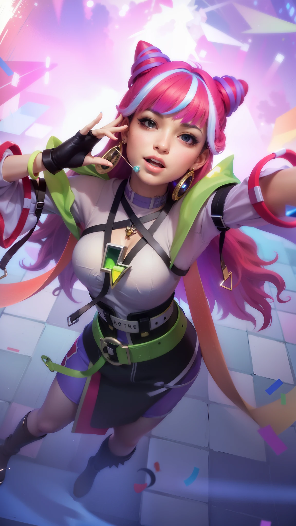 a close up of a woman with a pink hair and a green top, 8k, ultra hd, ultra detailed texture, hyper realistic, detailed texture, detailed face, detailed skin, detailed lighting, (photorealistic:1.5), best quality, beautiful lighting, cinematic lighting, professional lighting, ultra highres, realistic, detailed hair, real hair, high quality, (realskin:1.5), extremely detailed, finely detail, ultra-detailed, red lips glossy, detail eyes, cinematic background, kda, rossdraws cartoon vibrant, style artgerm, inspired by Jules Chéret, artgerm lau, extremely detailed artgerm, artgerm style, rossdraws pastel vibrant, portrait knights of zodiac girl, style of artgerm, range murata and artgerm, smile happy