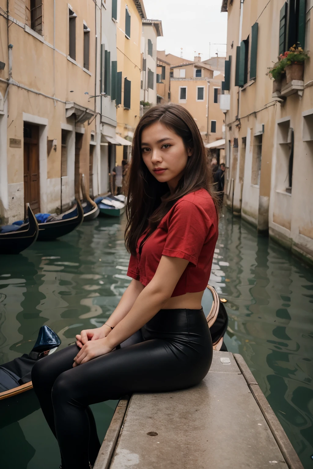 cute asian girl, fit body, long brown hair, in black leggings, red elegant shirt, harsh makeup, sitting in a gondola in Venice, Italy, photo realistic, looking away from the camera