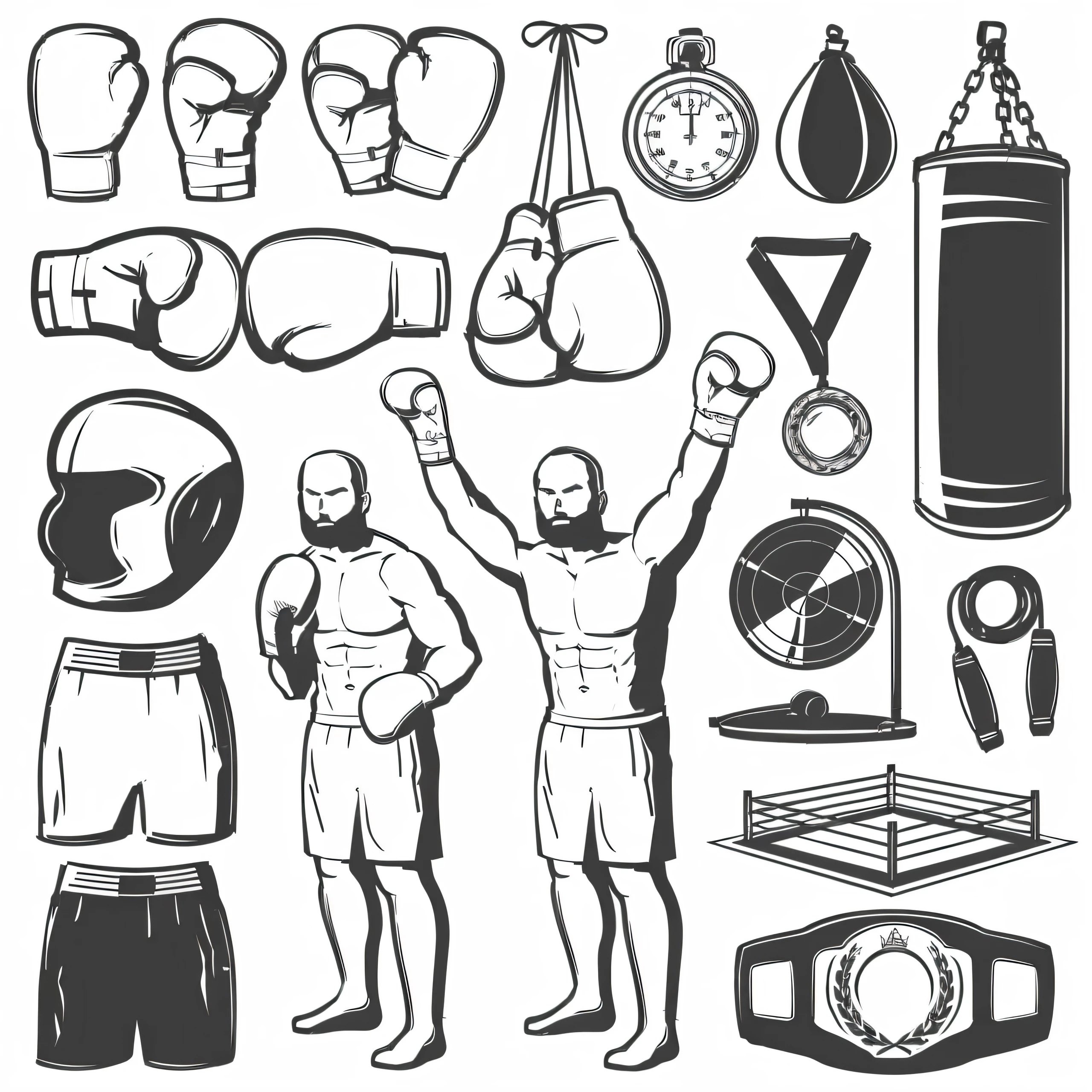 a set of boxing icons and symbols, boxing gloves, boxing, boxing stance, game asset of fighters, items and gadget, extremly detailed objects, sports setting, super detail of each object, sports clothing, various items, insignia, line work concept art, in style of kyrill kotashev, boxer, illustrator vector graphics, boxing ring, retro line art